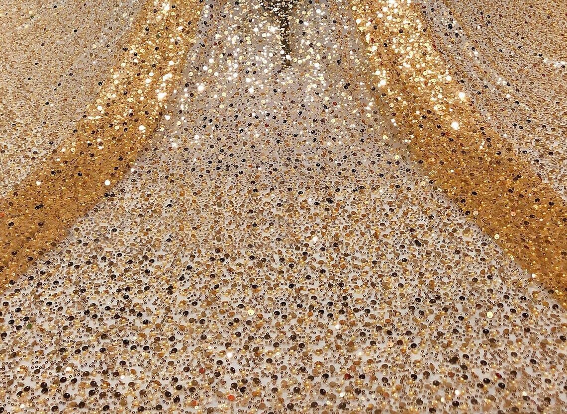 51" Wide Exquisite Heavily Pearl Soft Tulle Mesh Wedding Lace Fabric Embroidered French Sequined Bead Lace Fabrics for Handmade DIY Wedding Evening Dress Bridal Veil (Golden, Cut by The Yard)