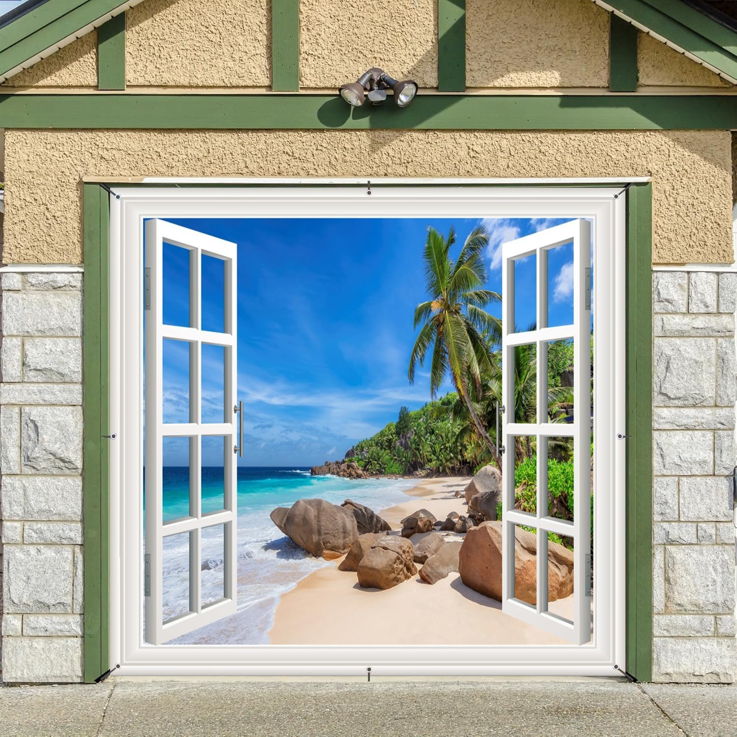 ChloropLastid Summer Beach Garage Door Tropical Beach Plants Photo 7x8ft Backdrop Seaside Ocean Blue Sky Background for Theme Holiday Party Supplies Studio Props