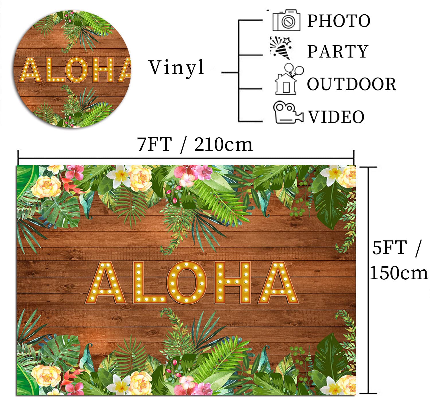 Fondo de madera para fiestas de Aloha tropical de verano, 2.1 x 1.5 m, luau, hawaiano, para cumpleaños, baby shower, fotografía, decoración de banner