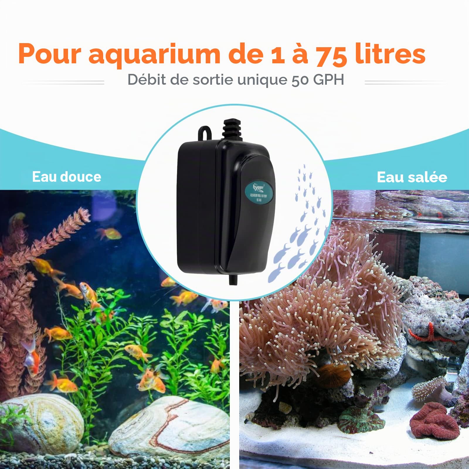 hygger Pompe à Air Aquarium, Mini Pompe à Air Aquarium Très Silencieuse Réglable Pompe à Oxygène pour Bol de Poisson de 1 à 75 litres avec Tuyau d'air, Pierre à Gazéifier Et Valve Anti Retour (1 W)