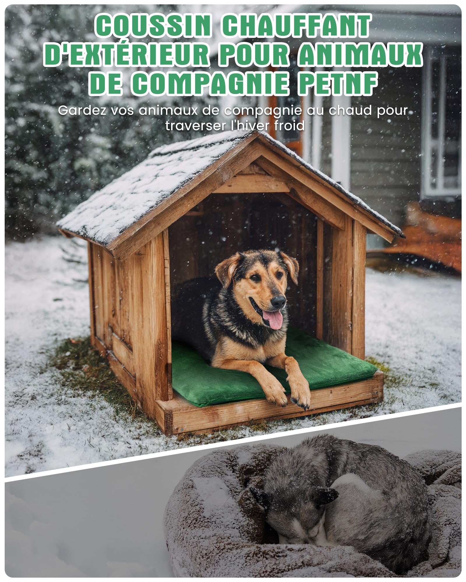 petnf Coussin Chauffant d‘Extérieur pour Chien et Chat - Température Auto-Régulée, Étanche, Câble Anti-Morsure - pour Niche, Maison de Chat et Panier, Vert, 40x50 cm