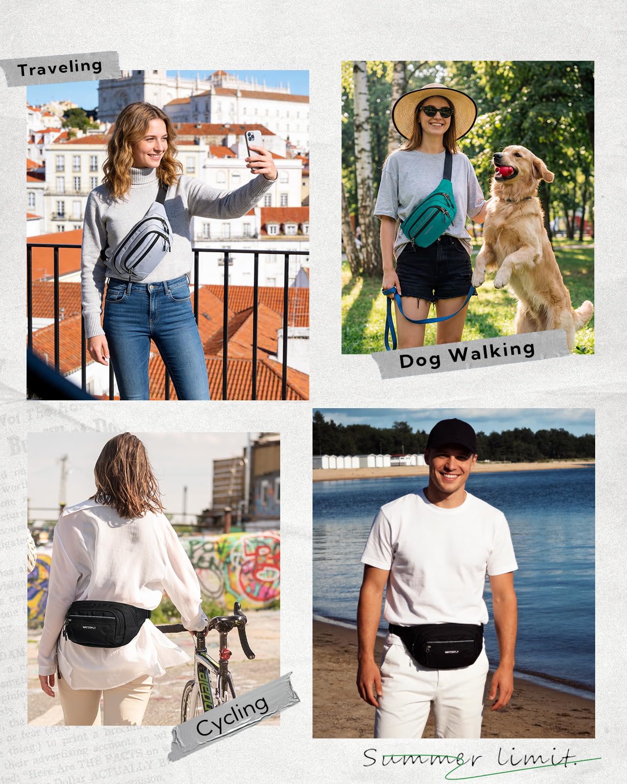 WATERFLY Bauchtasche Gürteltasche Herren Damen: Große Hüfttasche mit RFID Schutz Waist Fanny Pack mit Verlängerungsgurt Stylische Sport Bum Hip Bag für Reise Wandern Outdoor Schwarz