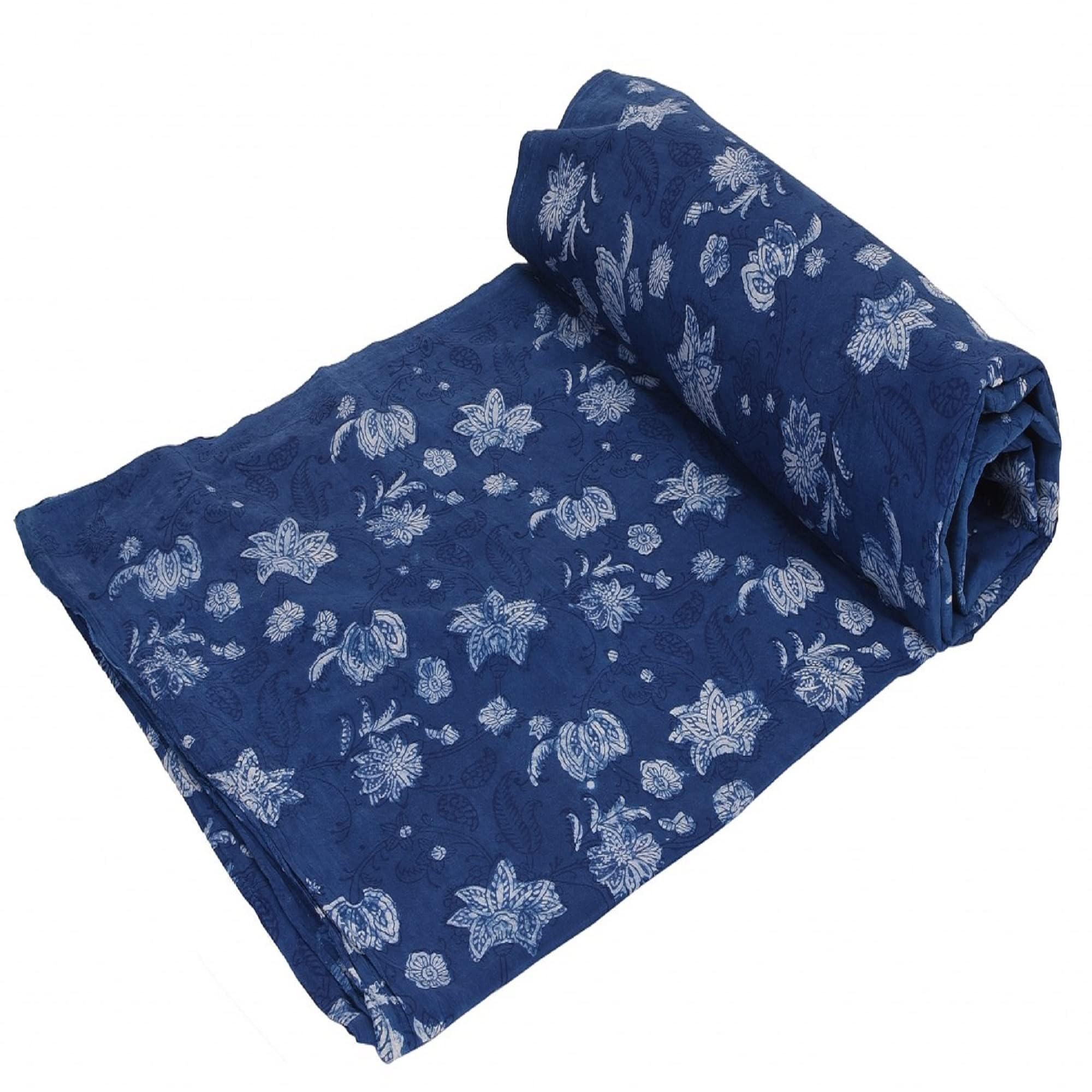 Trade Star Indigo Hand Block Printed Fabric 3 Yards 100% Cotton Fabric by the Yard Floral Sanganeri Design Natural Dye Indian Cloth 44 Wide Ideal for Sewing Quilting & Dressmaking