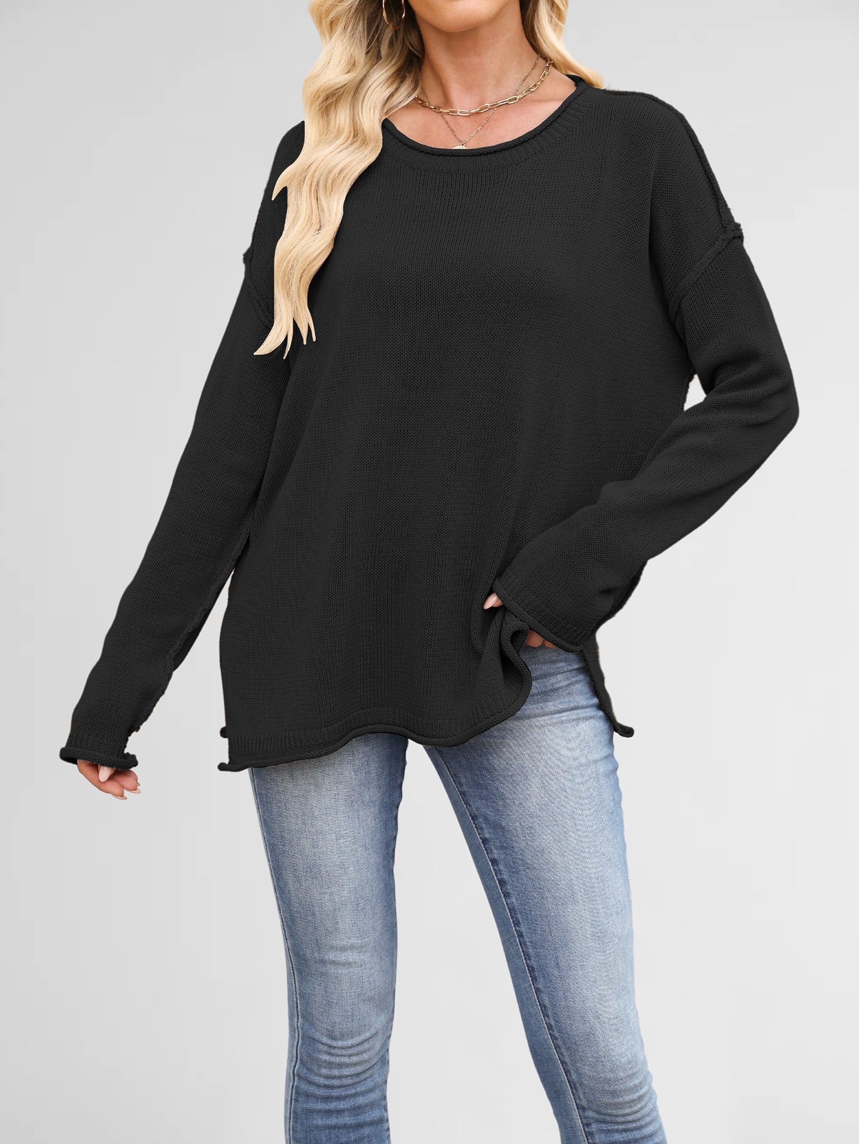 Luźne Swetry Damskie, Luźne, z Długim Rękawem i Okrągłym Dekoltem, Dzianinowe, Przytulne, Swetry Pullover Czarny S