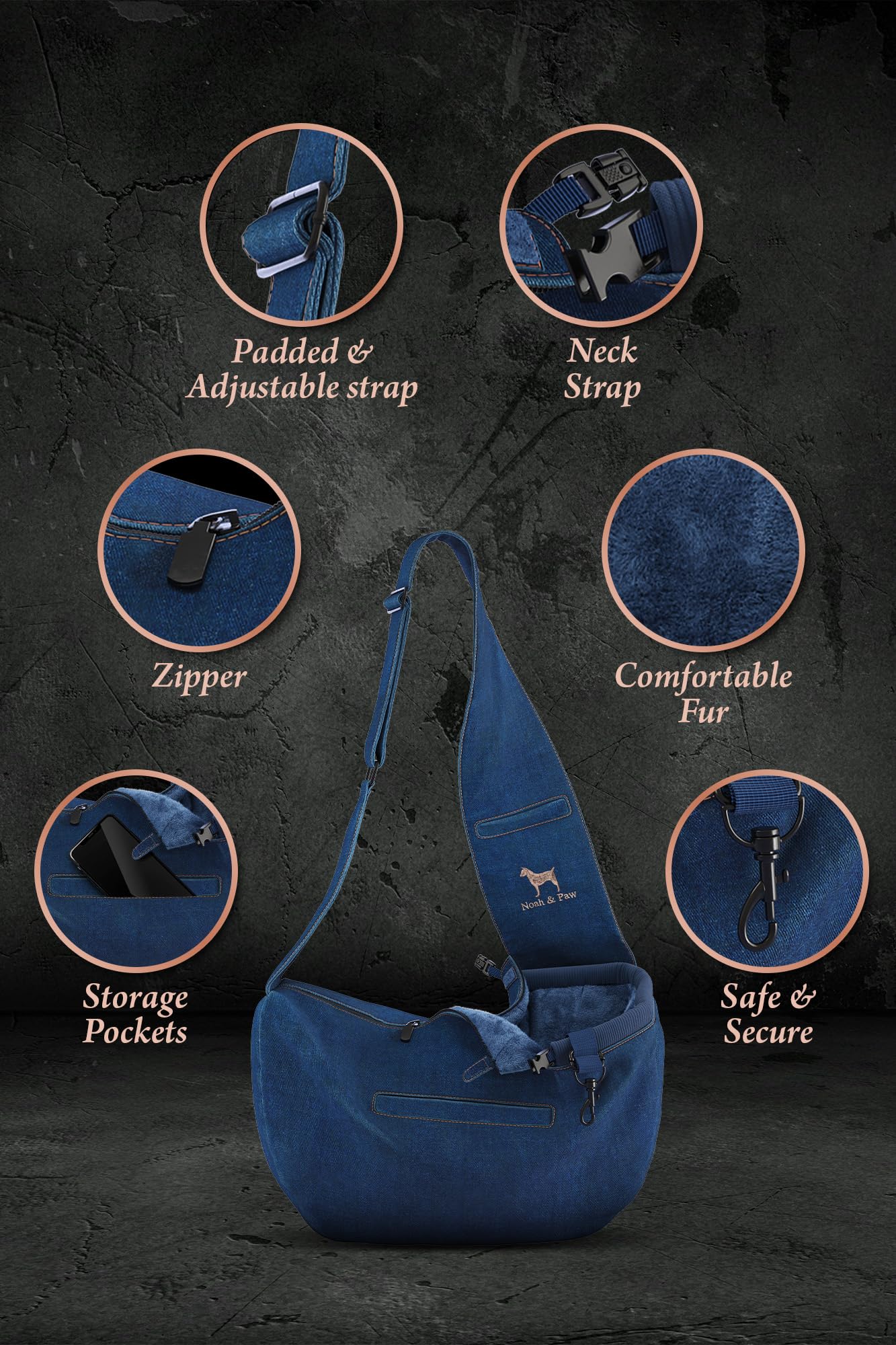 Noah & Paw Bandolera transportin Perro 1,5-5 kg, transportin Gato pequeño, Bolsa Transporte Ajustable para Mascotas, 3X función de Seguridad, Fabricado en Denim Premium.