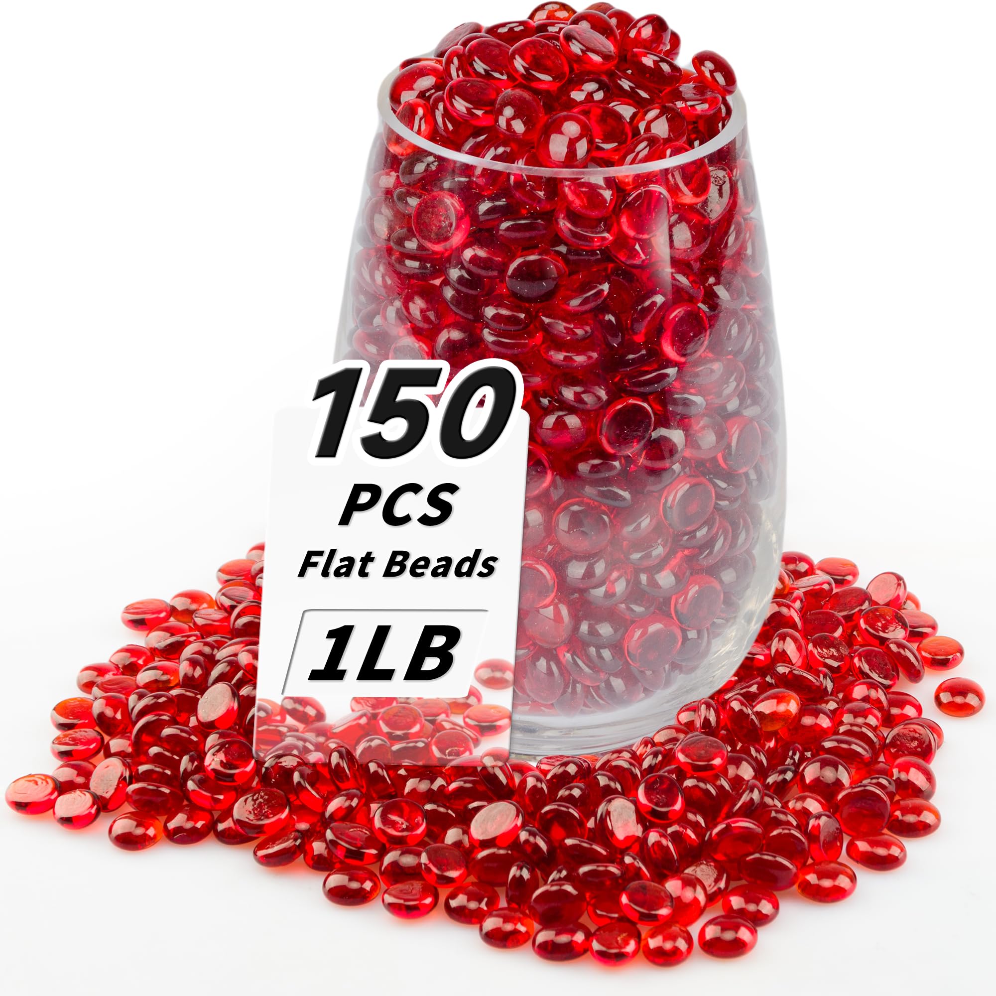1 LB Red Flat Glass Beads, 160-180PCS Small Glass Marbles, Mini Flat Round Pebbles for Vase Filler and Floral, Fish Tank Rocks Decorative Gemstones for Home and Aquarium Décor