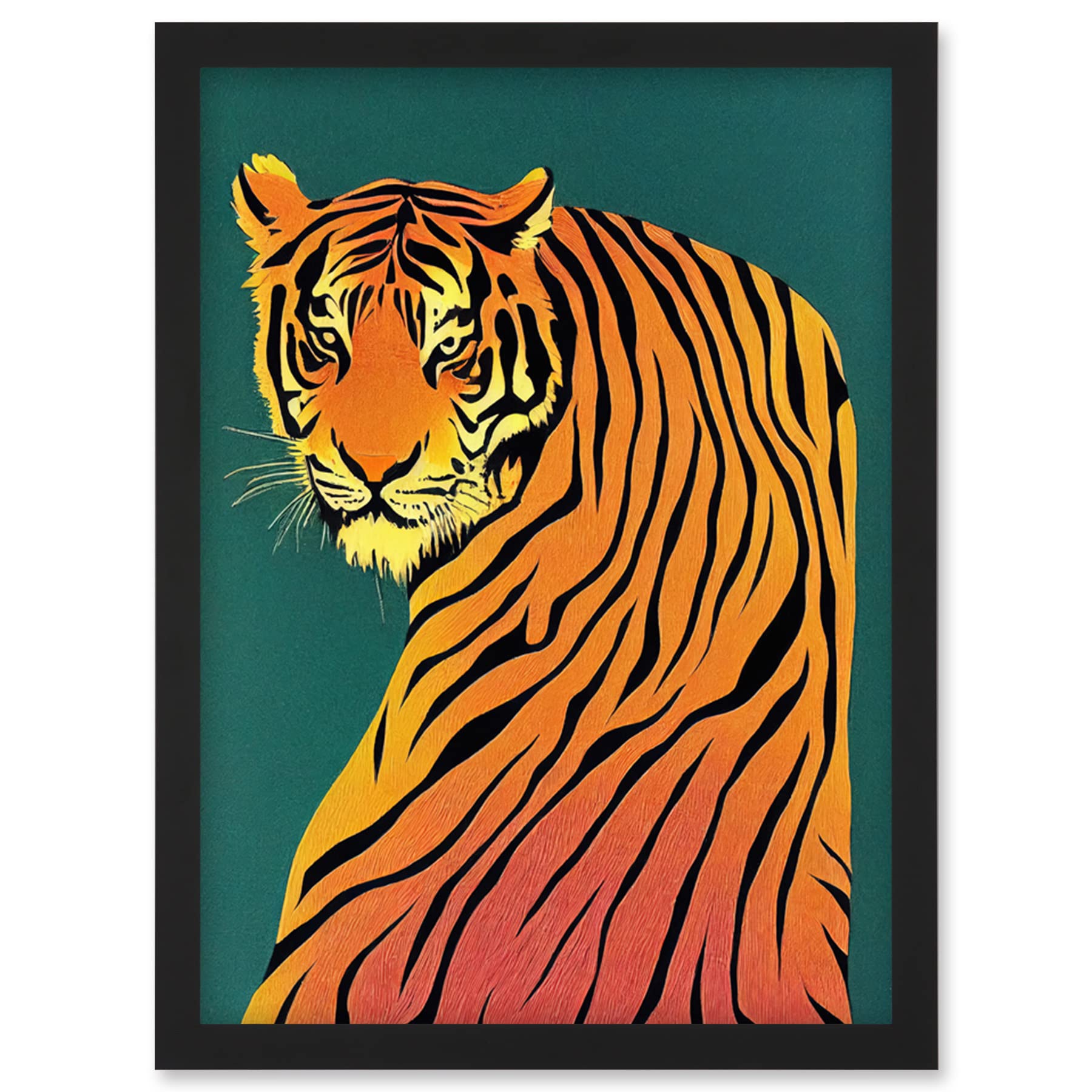 Wee Blue Coo Modern Tiger Portrait on Teal Orange Bold Artwork Framed Wall Art Print A4