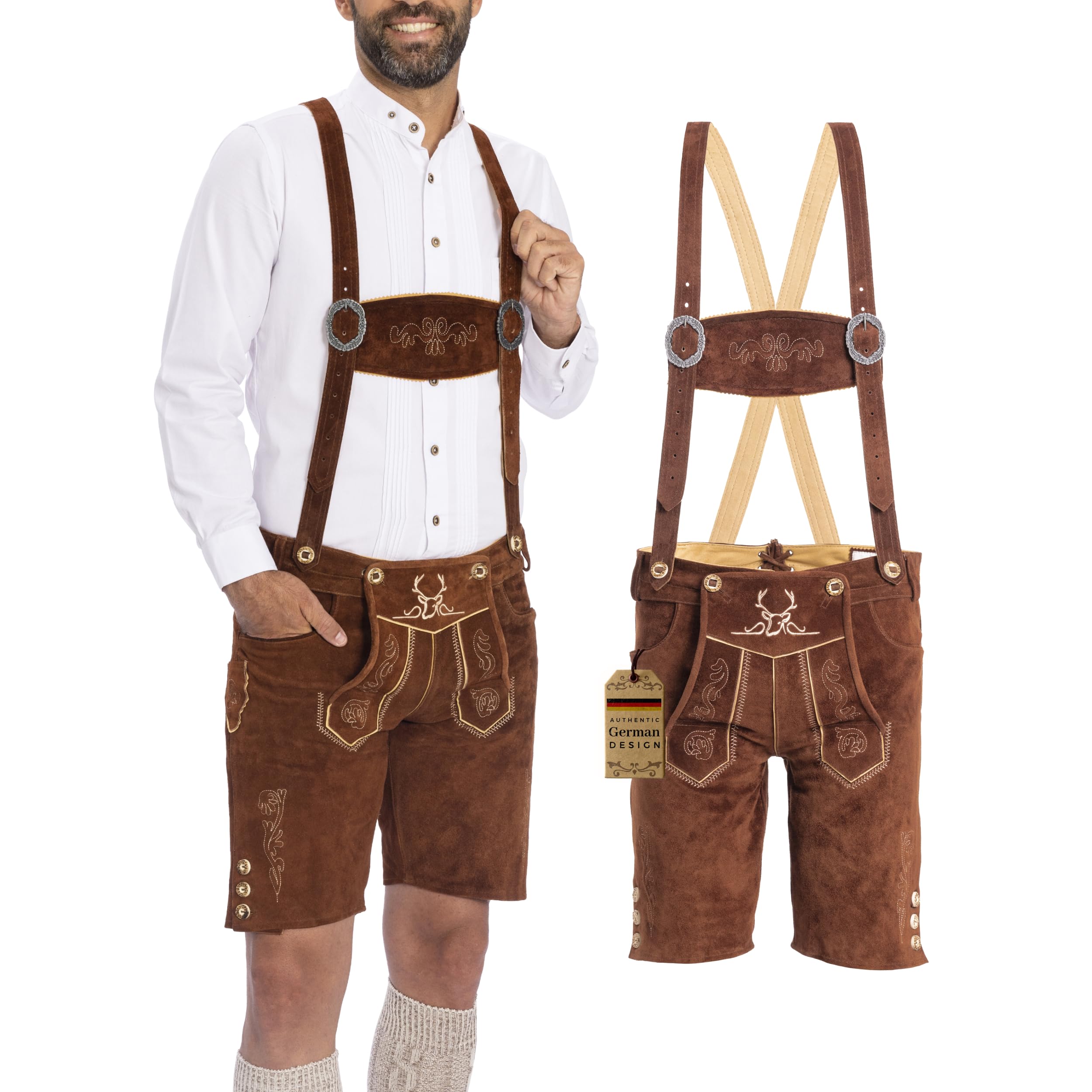 Lederhosen Men - Genuine Leather Authentic German Lederhosen for Men, Oktoberfest Outfit - Long Dark Brown