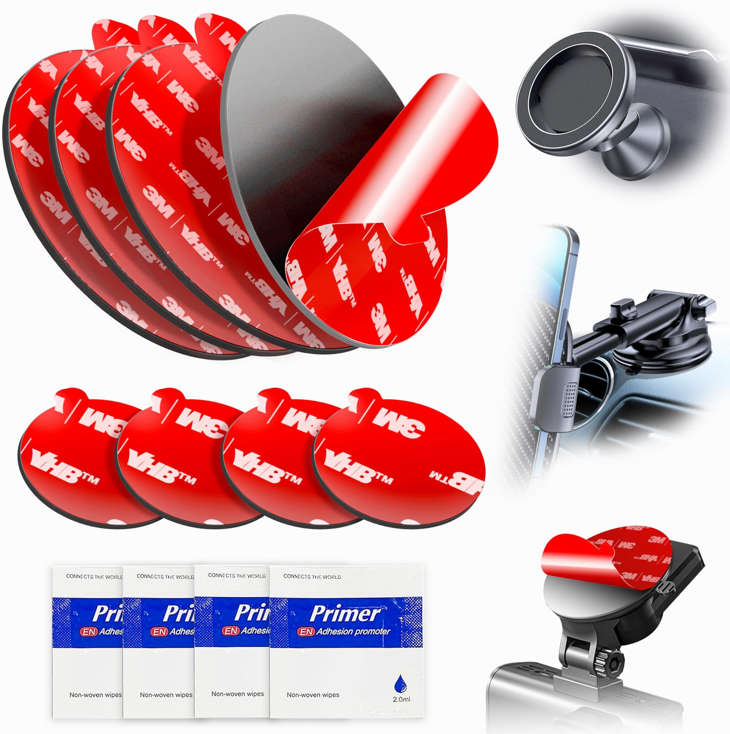 Adhesive Replacement Pads – 4-Pack Round Double-Sided VHB Pads, 3.15" & 0.91", for Dashboard Discs, Windshield Suction Cup Phone Holders, Magnetic Mounts & GPS – Includes Adhesion Promoter