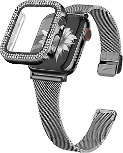 Joyozy Slim Stainless Steel Band Compatible with Apple Watch 38mm 40mm 41mm 42mm 44mm 45mm 46mm Milanese Strap with Bling Glitter Case Built-in Screen Protector Dressy Bracelet Band for Women (Black 45mm)