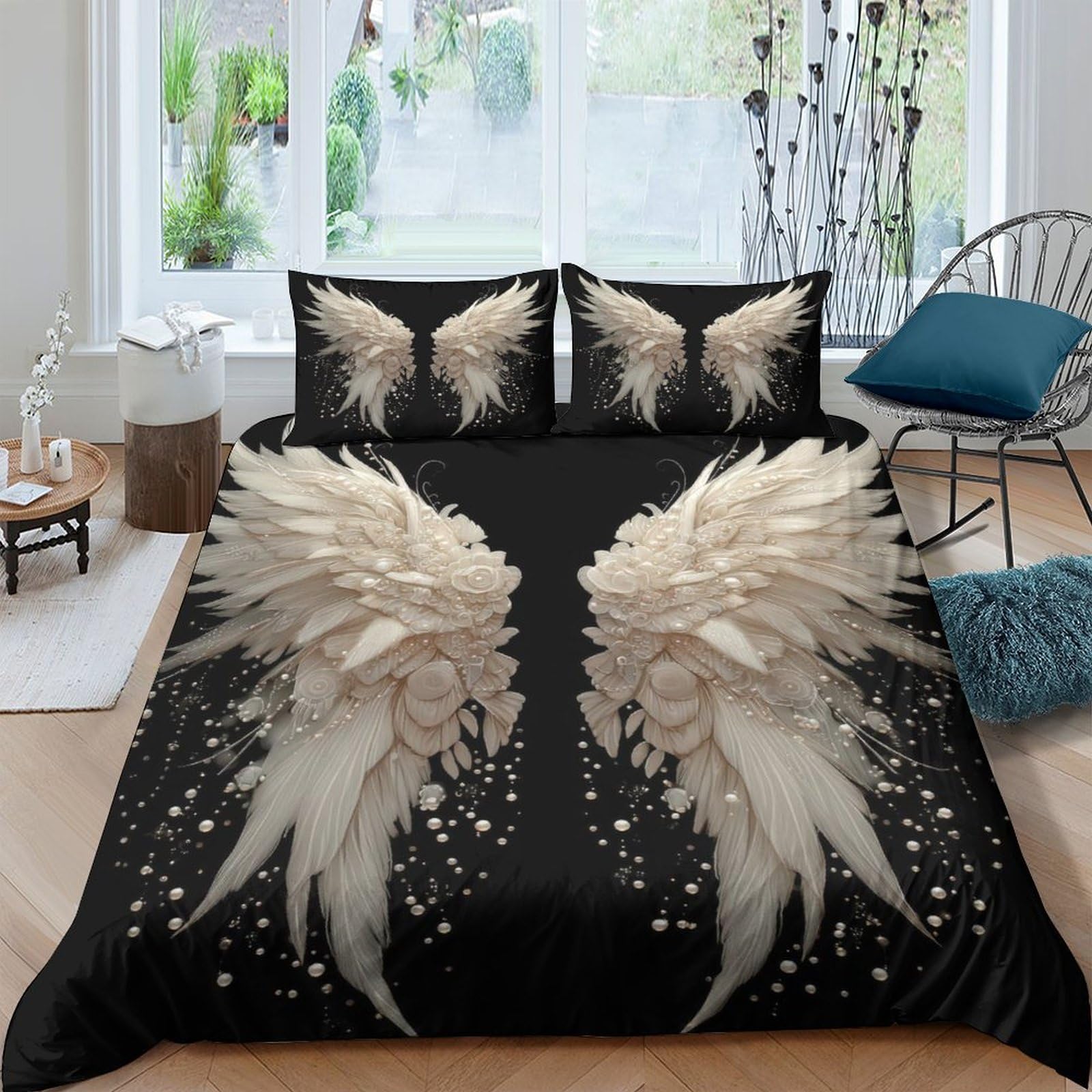 Ctjqhvkz Style-1 3D Printed Angel Wings Fitted Sheet Microfiber Soft Black Bed Cover For Bedroom Guest Room Mattress Decor Single（135X200cm）