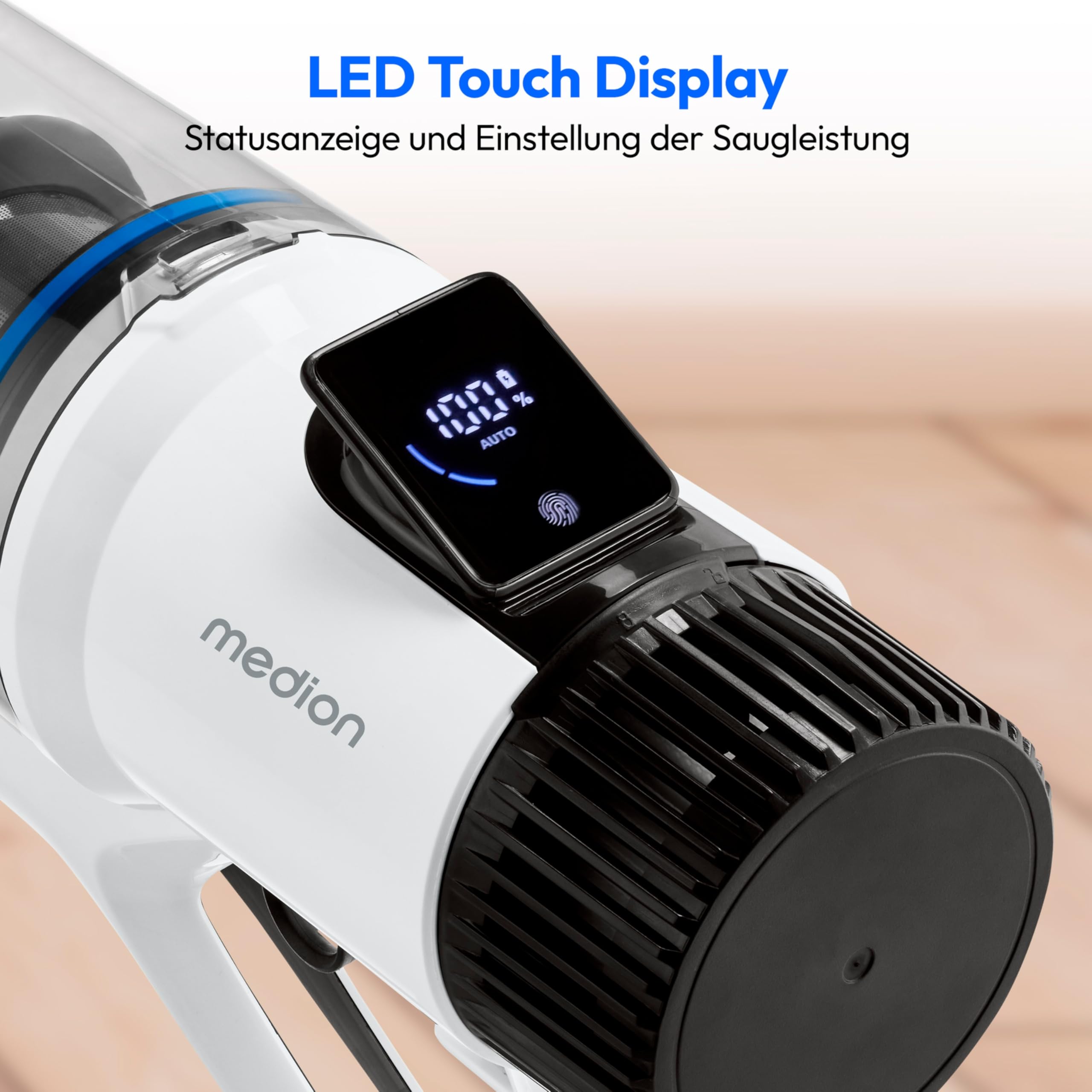 MEDION P400 W+ Akku-Stielstaubsauger mit Wischfunktion (elektrischer Wischaufsatz, kabellos, beutellos, Zyklon-Technologie, 400 Watt, Handstaubsauger, Staubsensor, HEPA H13, Bürstenrolle)