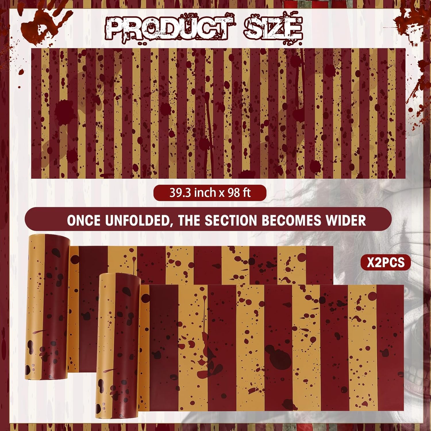 Oudain 2 Roll 98 ft Creepy Carnival Tablecloth Roll Halloween Horror Circus Disposable Tablecloth DIY Bloody Creepy Carnival Tent for Halloween Big Top Tent Backdrop Curtains Ceiling Wall Decor