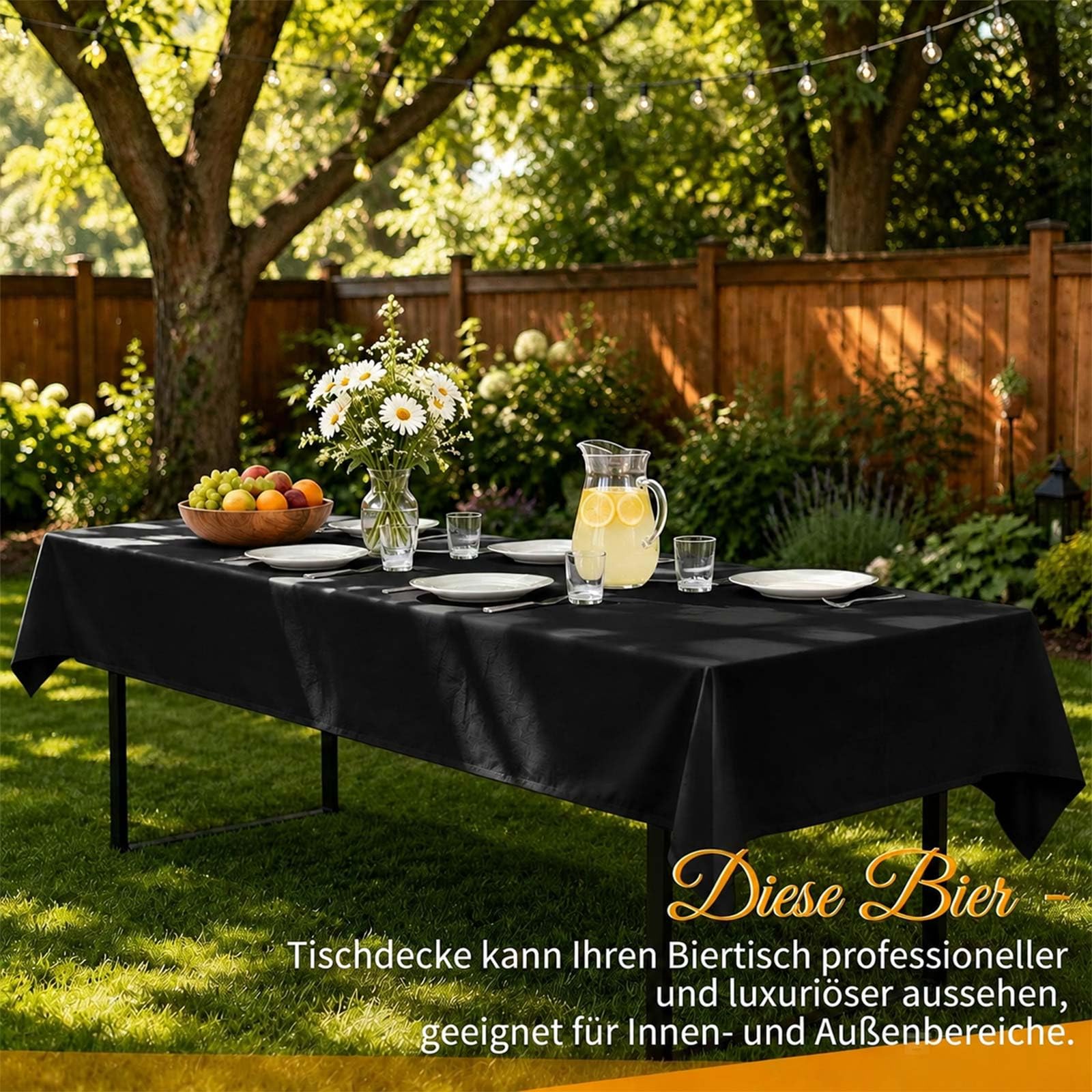 Pesonlook 6 tovaglie nere da birra, 120 g/m², 250 x 100 cm | Tovaglia universale per tavoli da birra da 50 cm e 70 cm, lavabile, rettangolare, per feste, banchetti all'aperto
