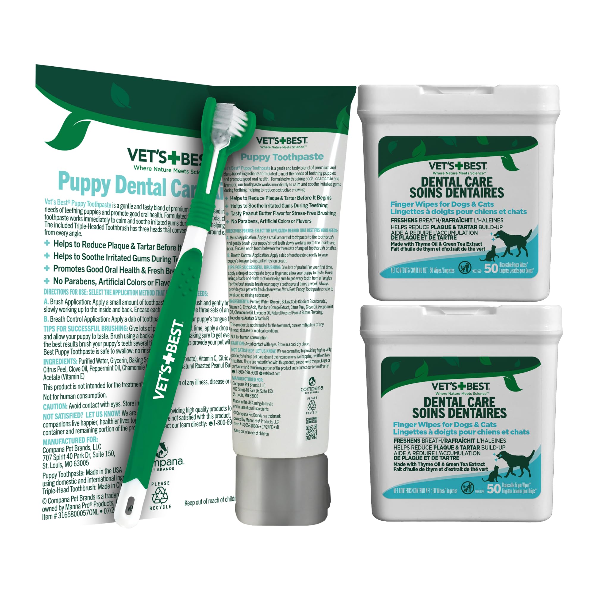 Vet's Best Paquete de cuidado dental para cachorros para perros y gatos – Pasta de dientes enzimática de mantequilla de maní, cepillo de dientes para cachorros de triple cabeza y toallitas dentales