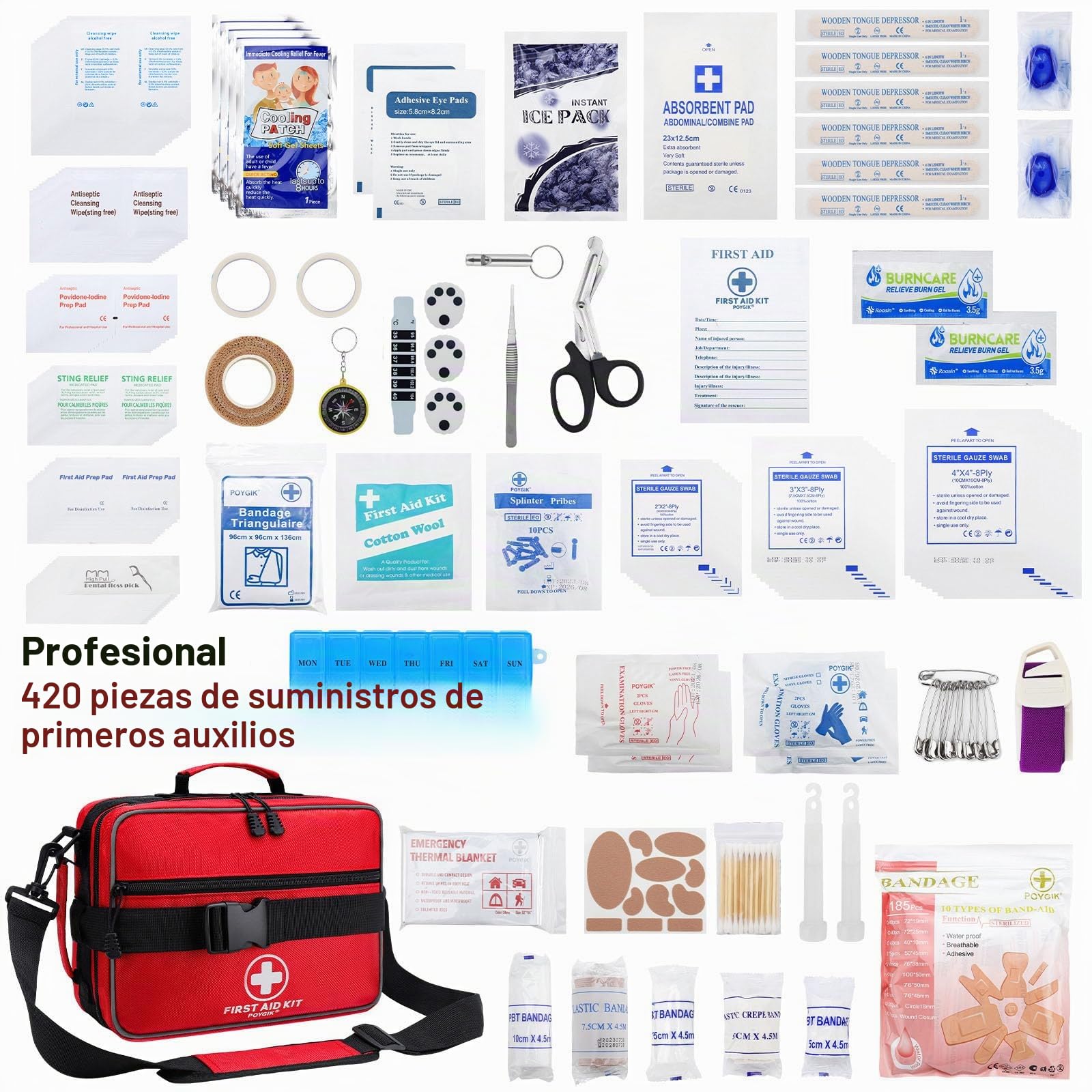 Poygik Kit de primeros auxilios grande de 420 piezas para el hogar, coche, viajes, camping, camión, senderismo, deportes, oficina, vehículo y emergencias al aire libre, kits médicos de emergencia,