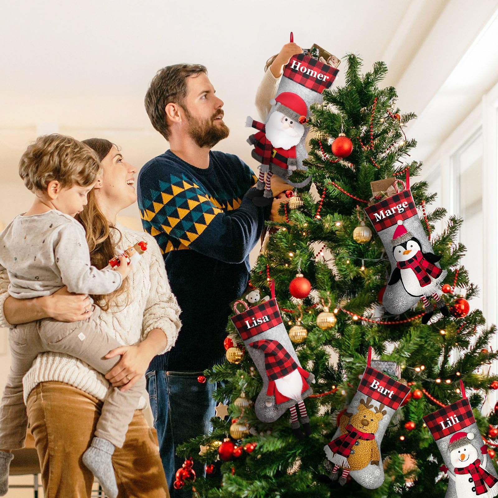 SearchI Weihnachtsstrumpf Personalisiert Nikolaussocken zum Befüllen Cartoon Weihnachtsmann, Elch, Schneemann, Pinguin Weihnachtsdekoration für Kamin, Weihnachtsbaum, Wand, Treppe(3 Stück)