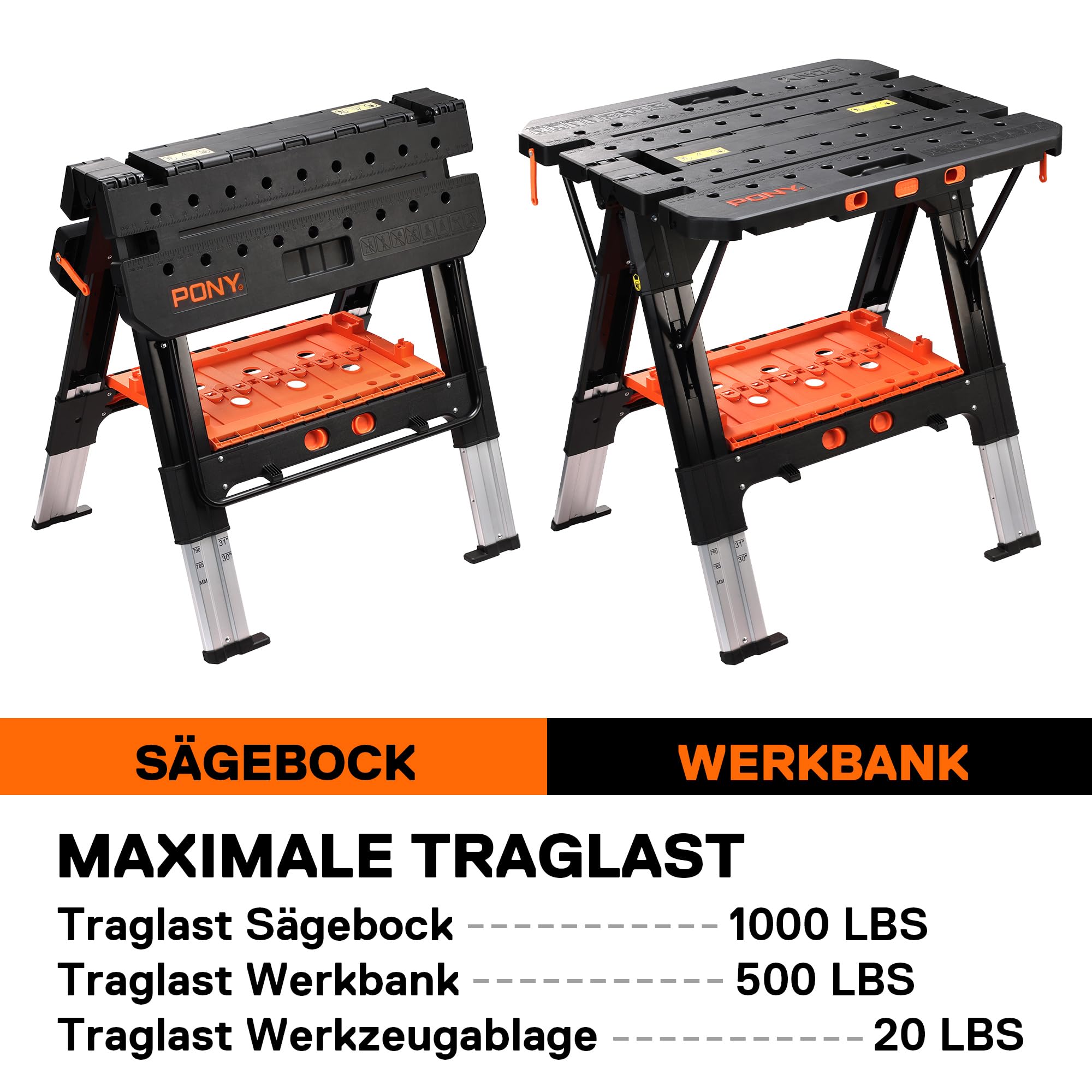 Pony 2 in 1 Werkbank klappbar bis 454kg belastbar, klappbare Sägebock mit ausziehbaren Aluminiumbeinen, Arbeitsbock mit 4 Schraubzwingen 150/300mm & 4 Stöcken, 79 x 63,5 x 89 cm