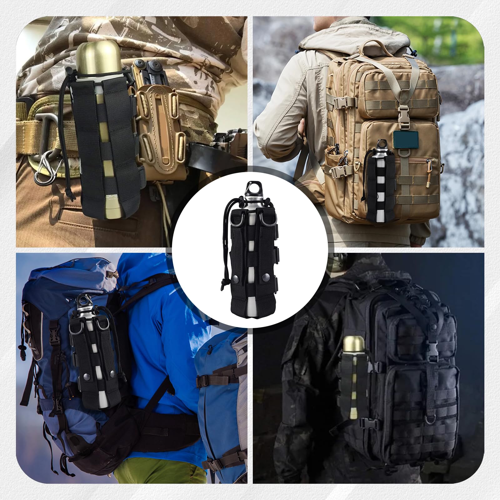 Colexy Bolsa táctica para Botellas de Agua, Ajustable Mochila Jaula para Botella de Agua, Material de Nylon con cordón, Adecuado para Correr, Senderismo,Ciclismo,Camping (Negro)