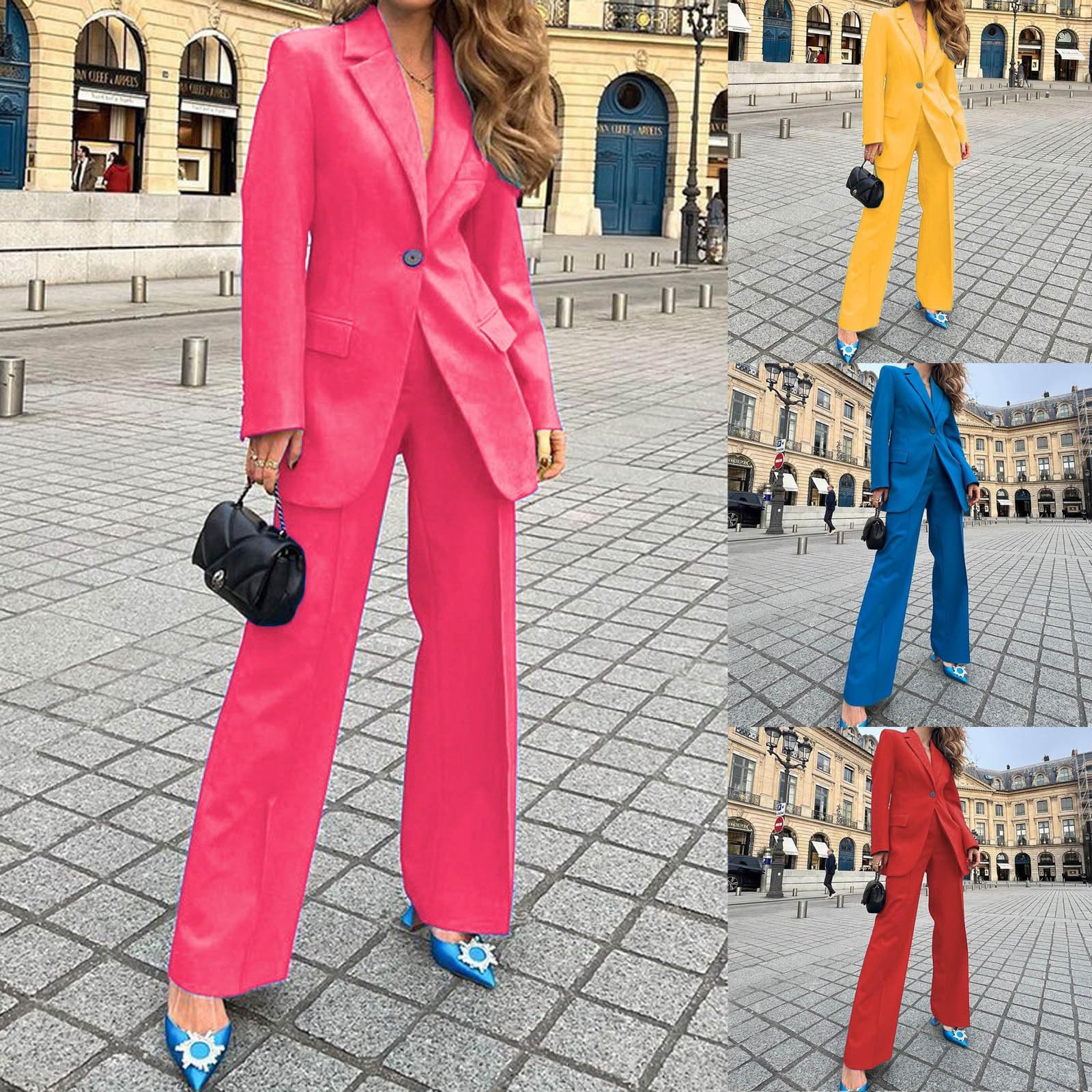 Tuta da donna con pantaloni, slim fit, 2 pezzi, con bottoni, maniche lunghe, colletto rovesciato, giacca e pantaloni a gamba dritta, formale, per cena, tempo libero, moderno, abbigliamento da ufficio