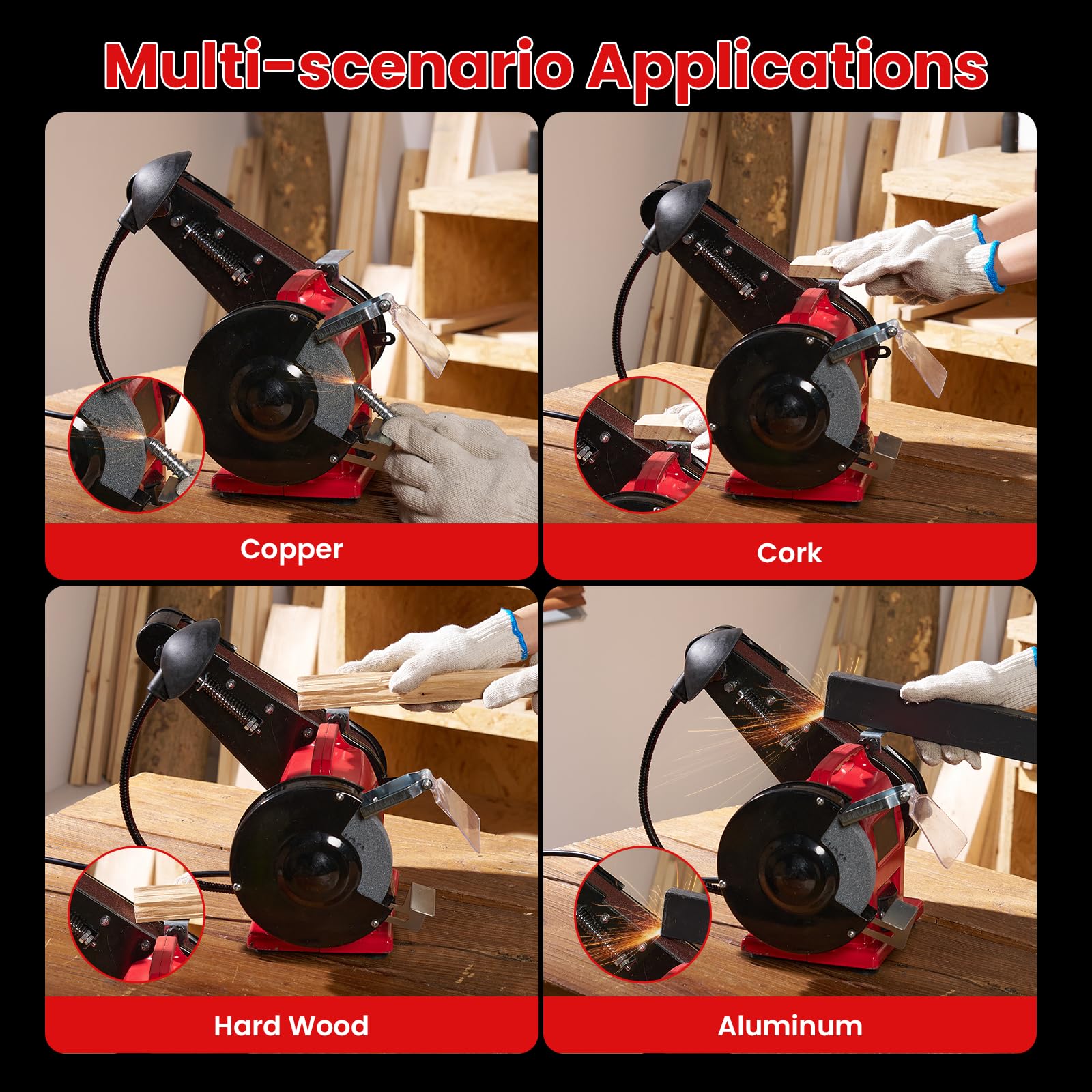 Stand-Bandschleifer, 2-in-1 Mini-Bandschleifer, 350 Watt, mit Bandschleifscheibenfunktion, LED-Licht, Funkengeschütztes Glas, Kabelgebunden, für Metall/Holz/Aluminium-Schleifarbeiten, Rot
