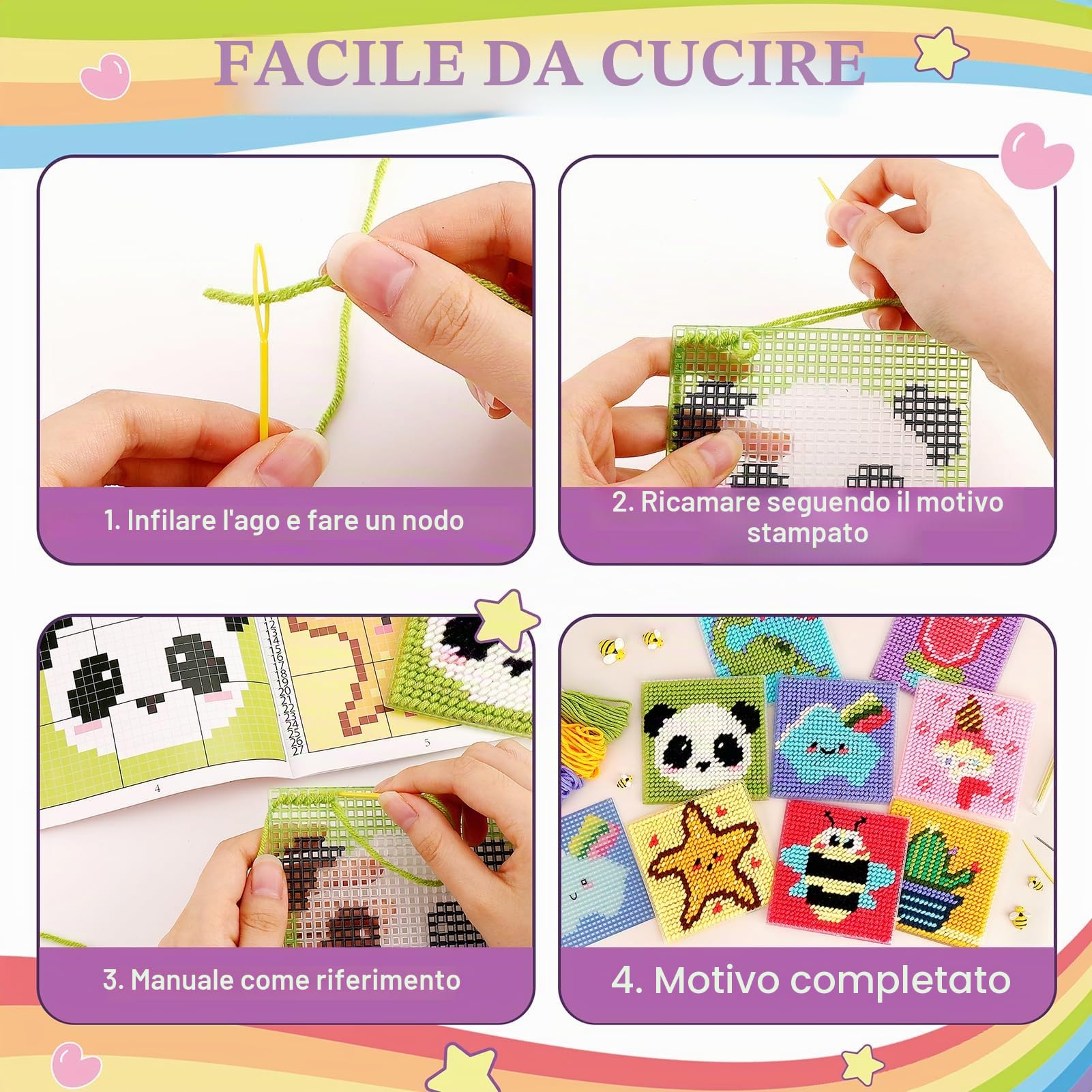 Caydo kit punto croce 8-in-1 per principianti bambini, include 8 tele in plastica con pre-pattern, 13 colori di fili, istruzioni, aghi da ricamo per principianti cucito