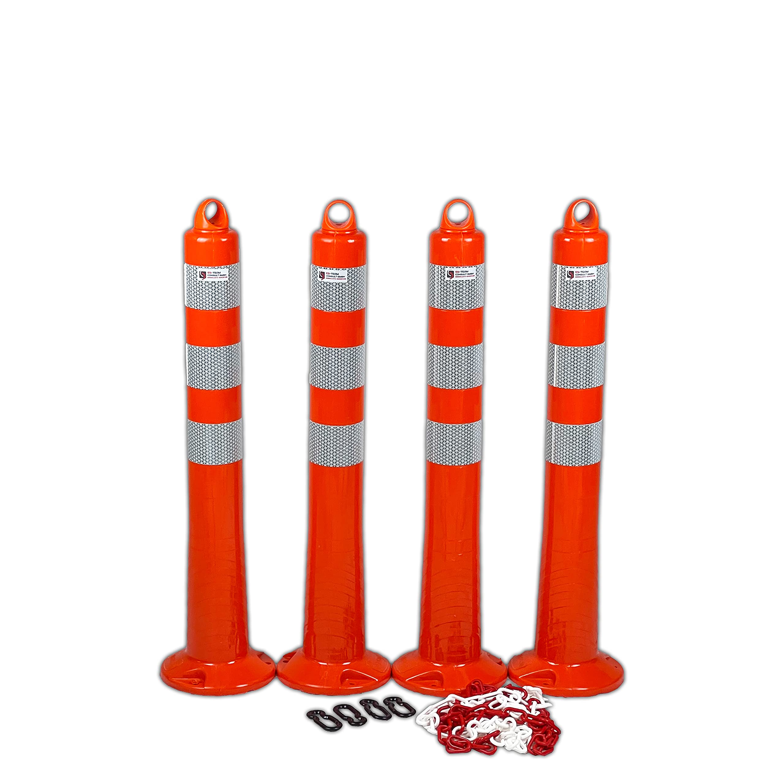 UvV 4 Stück Absperrpfosten UVTP2012 flexibel 75cm Kettenpfosten reflektierend mit praktischer Absperrkette als flexibler Sperrpfosten mit stabilem Standfuß inkl. Befestigung, orange (4)