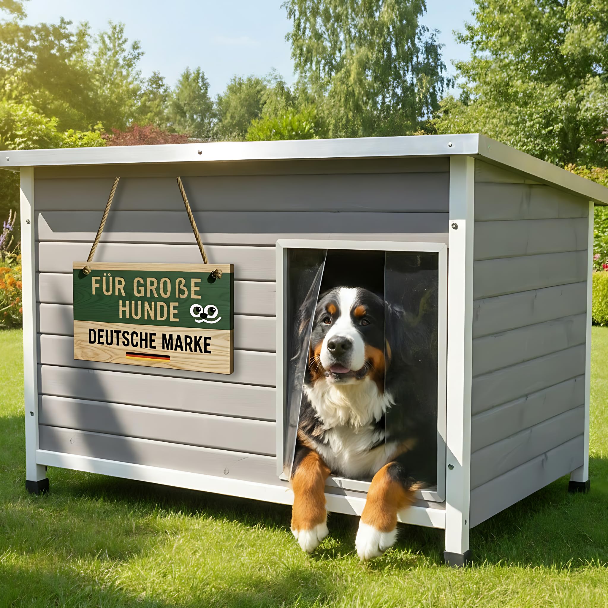 zooprinz Exklusive Hundehütte Jacky – aus wetterfestem & massivem Holz mit Metallrahmen, Dach zum Öffnen, Lamellentür & Kunststofffüßen – Hundehütte für Indoor und Outdoor (Hellgrau, XL)