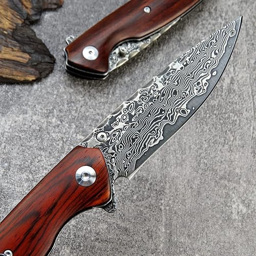 Miniatura 5 de Sitivien ST240 EDC Cuchillo plegable de acero Damasco con mango Dalbergia, bloqueo de hoja de núcleo VG10 y clip para cinturón, cuchillo de