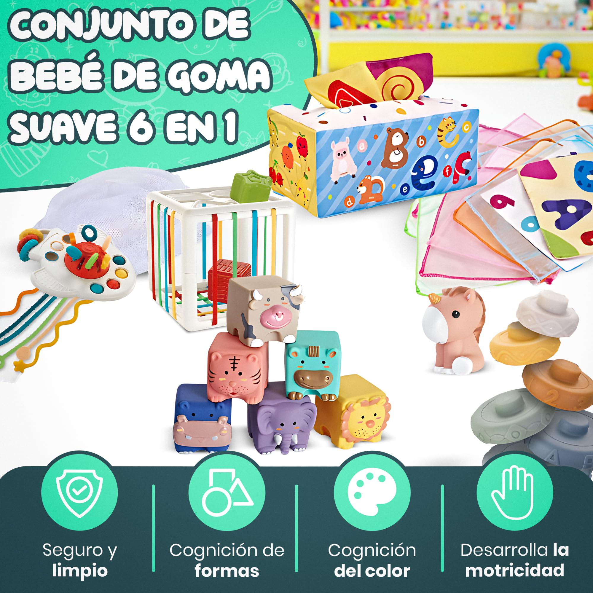 Set Montessori Bebé 6 en 1 – Juguetes Sensoriales y Educativos: Bloques Suaves, Apilables, Caja de Pañuelos y Formas | 34 Piezas | Regalo 6-36 Meses Niño-Niña