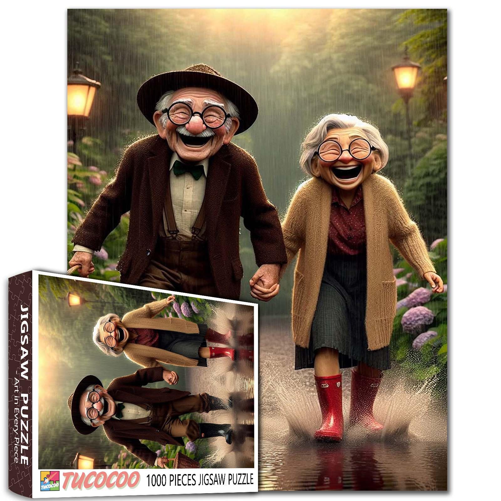 Old Couple in The Rain Jigsaw Puzzle Comical Old Folks 1000Piece for Adults — image 1