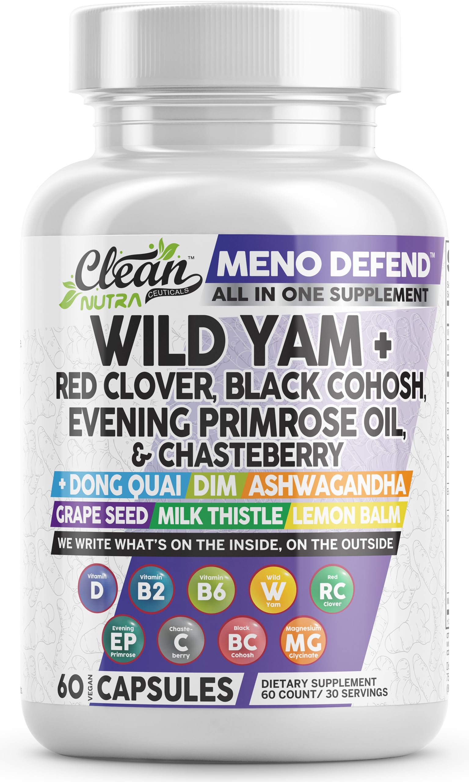 Clean Nutra Wild Yam Root Capsules with Red Clover Black Cohosh Evening Primrose Oil Chasteberry Dong Quai DIM Ashwagandha Grape Seed Extract Milk Thistle Lemon Balm and more Hormone Balance For WomenClean Nutra Wild Yam Root Capsules with Red Clover…