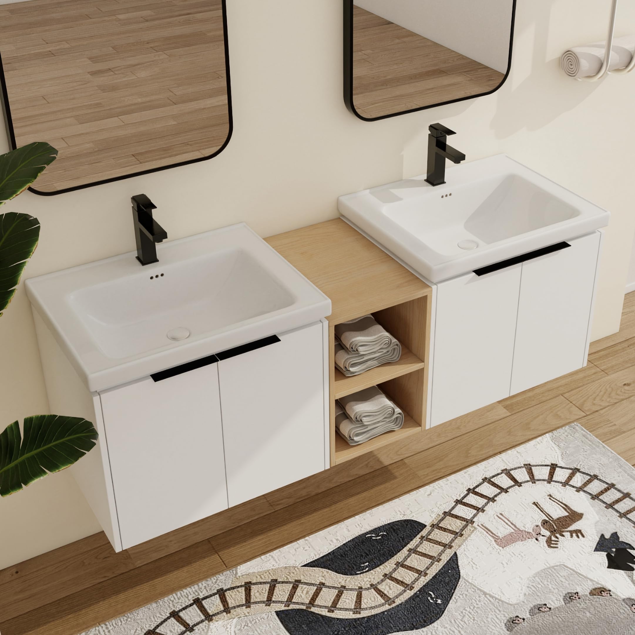 Malwee 60" Floating Bathroom Vanity with White Ceramic Basin Sink Top, 60 Inch Double Sink Wall Mounted Bathroom Vanity, with 4 Doors and Storage