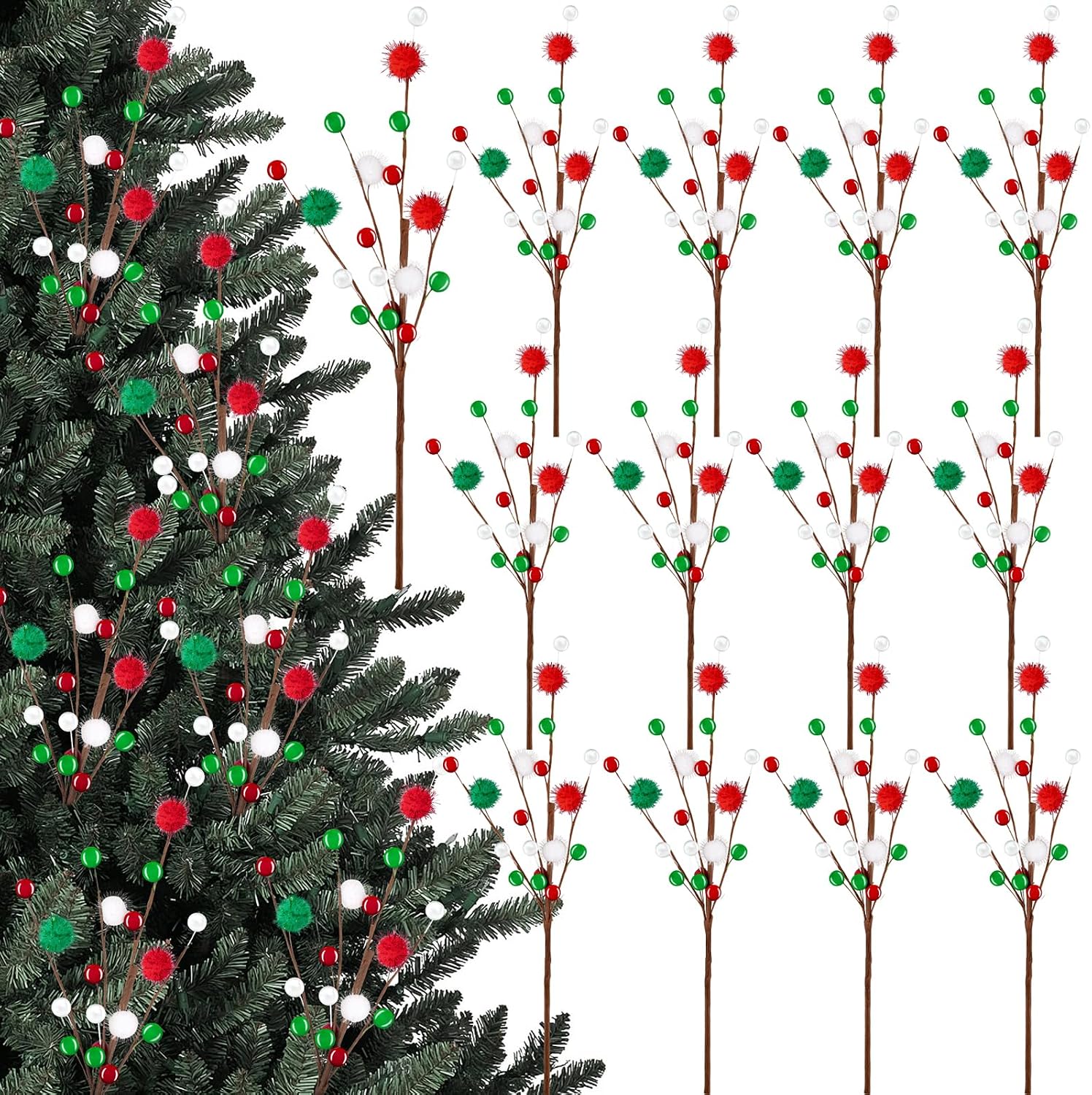 Yen Jean 12Pcs Christmas Tree Decorations Red Green Picks Berry Stems