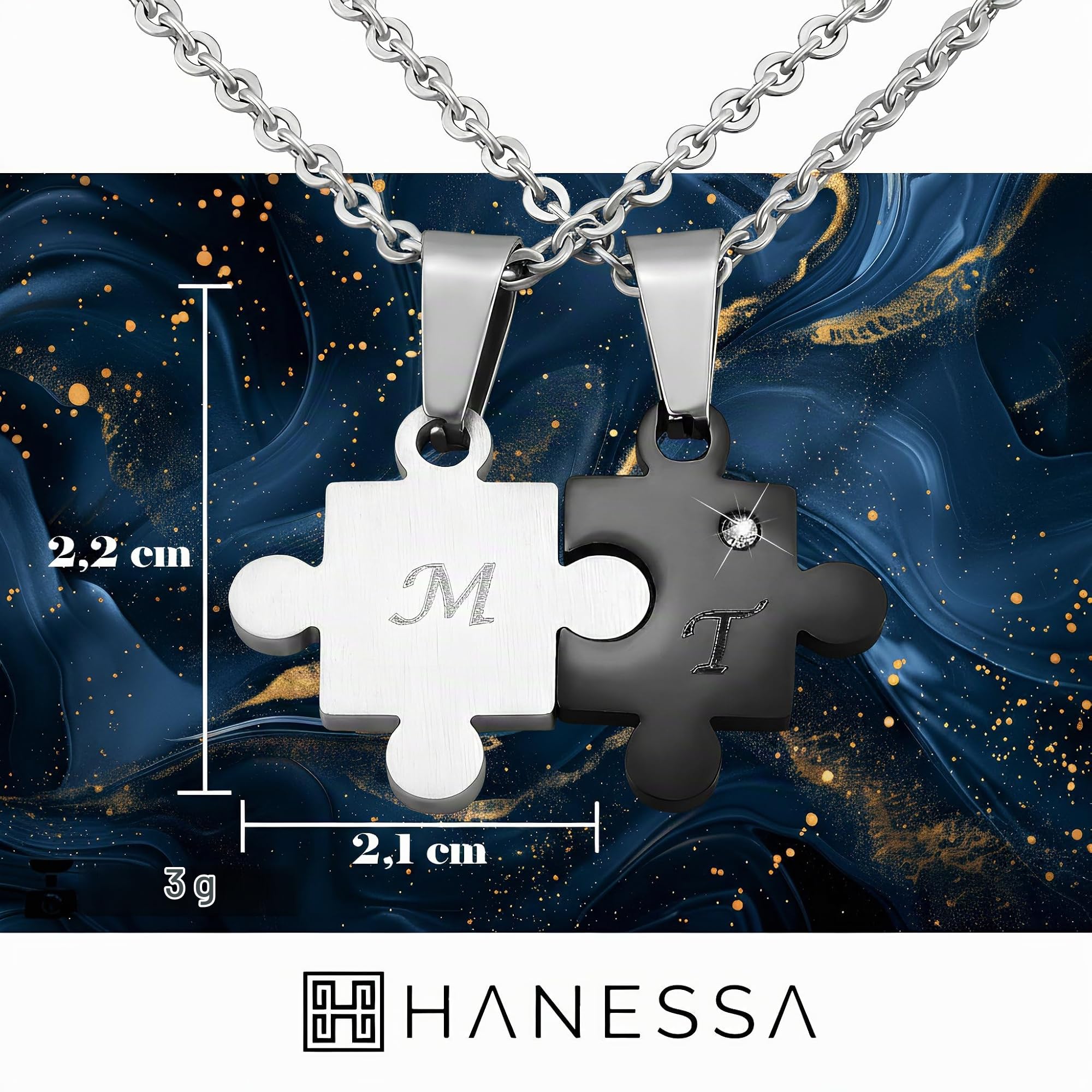 Personalisierte Kette mit Gravur Edelstahl 50 cm mit Anhänger Herz Puzzle - Personalisierte Halskette für Freundin oder Freund - Personalisierter Schmuck Freundschaft