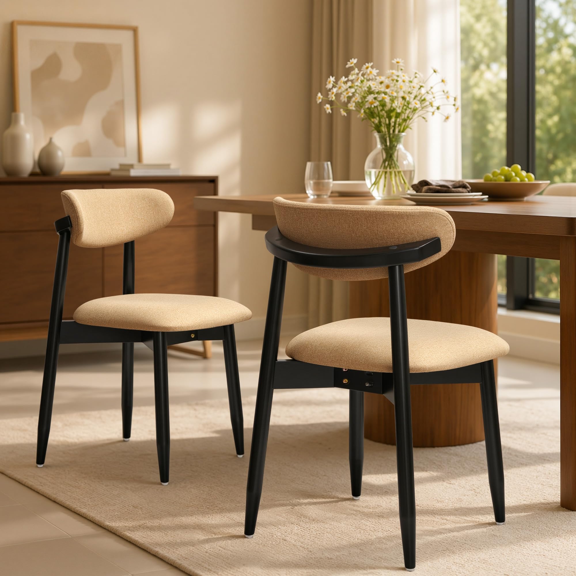 CHUN YI Dining Chairs Set of 2, Upholstered Solid Wood Dining Room Chairs, Mid Century Modern Fabric Kitchen Chairs with Ergonomic Curved Back, Khaki (Only Chairs)