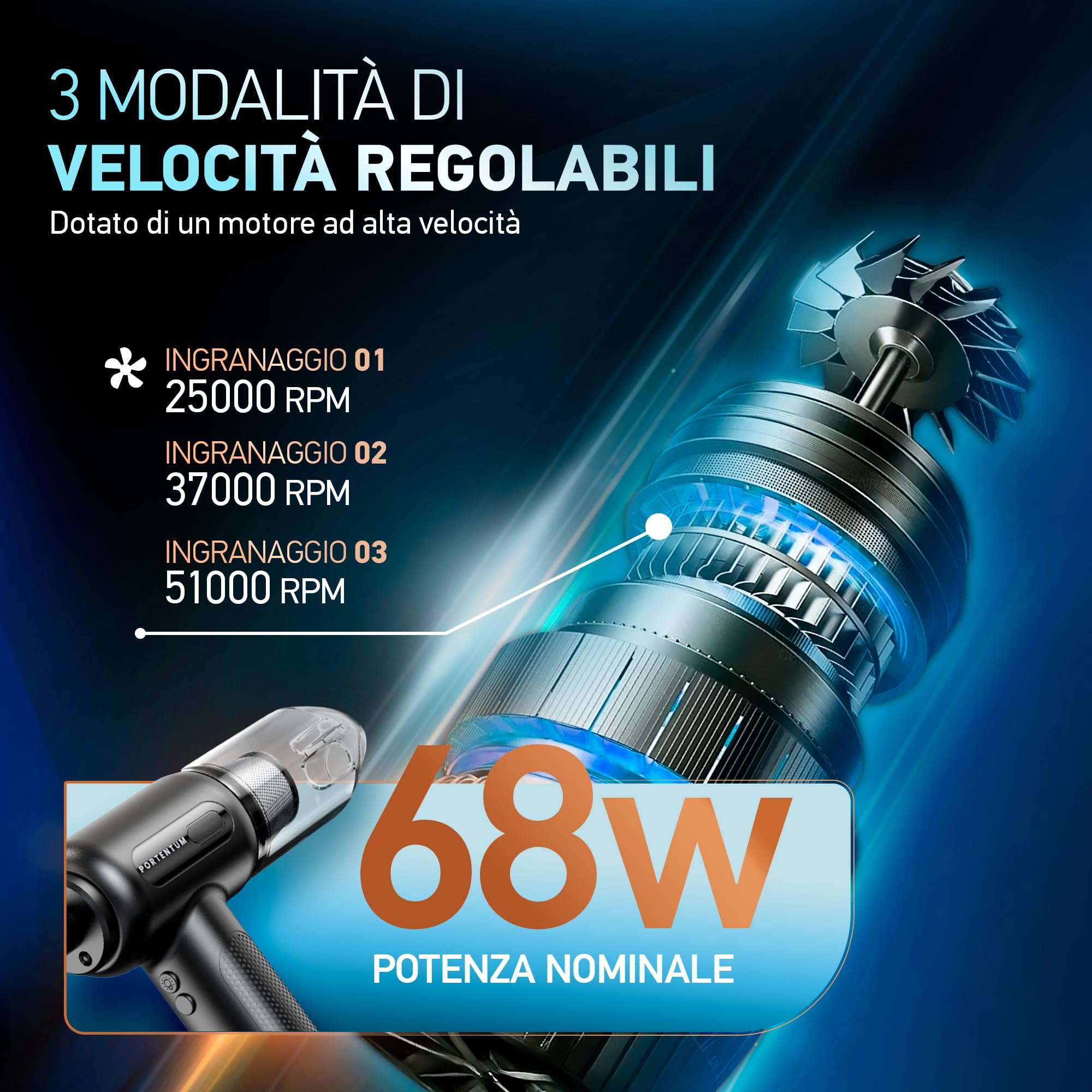 PORTENTUM® 2 in 1 Aspirapolvere Senza Fili et Aria Compressa - Batteria, 3 Velocità e Luce a LED - Aspirapolvere auto, Tastiera, PC, Casa, Auto