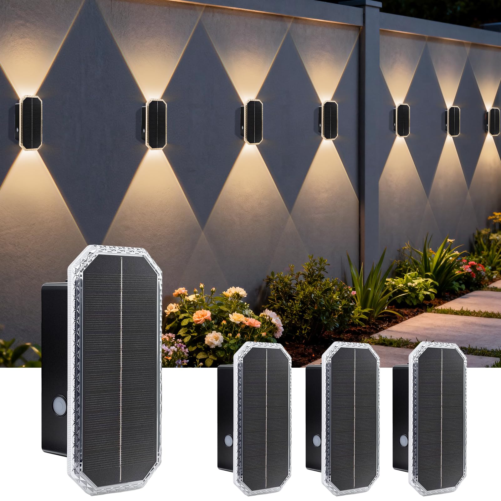 BRIMAX 4 Pack Solar Fence Lights Outdoor, IP65 Waterproof Wall Light with 3 Colour Temperatures (Warm/Neutral/Cool White), Up & Down Solar Powered LED Garden Lights for Fence, Patio, Wall, Deck