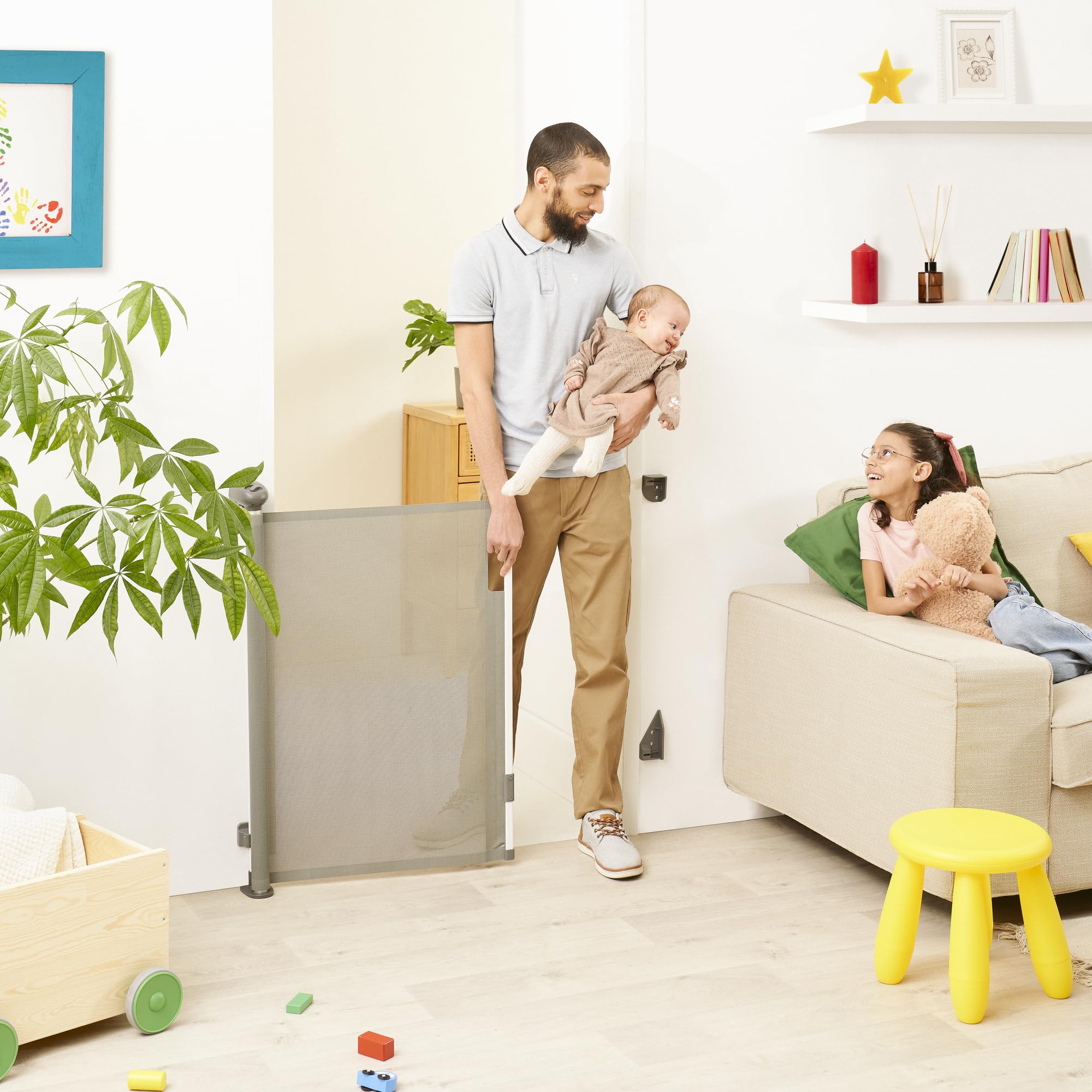 Badabulle Barrière de Sécurité Enfant Safe&Roll- Barrière Fixation Vis, Barrière Retractable Extensible (jusqu'à 140cm) - Discrète - Simple à Installer - Ouverture Facile & Sécurisée