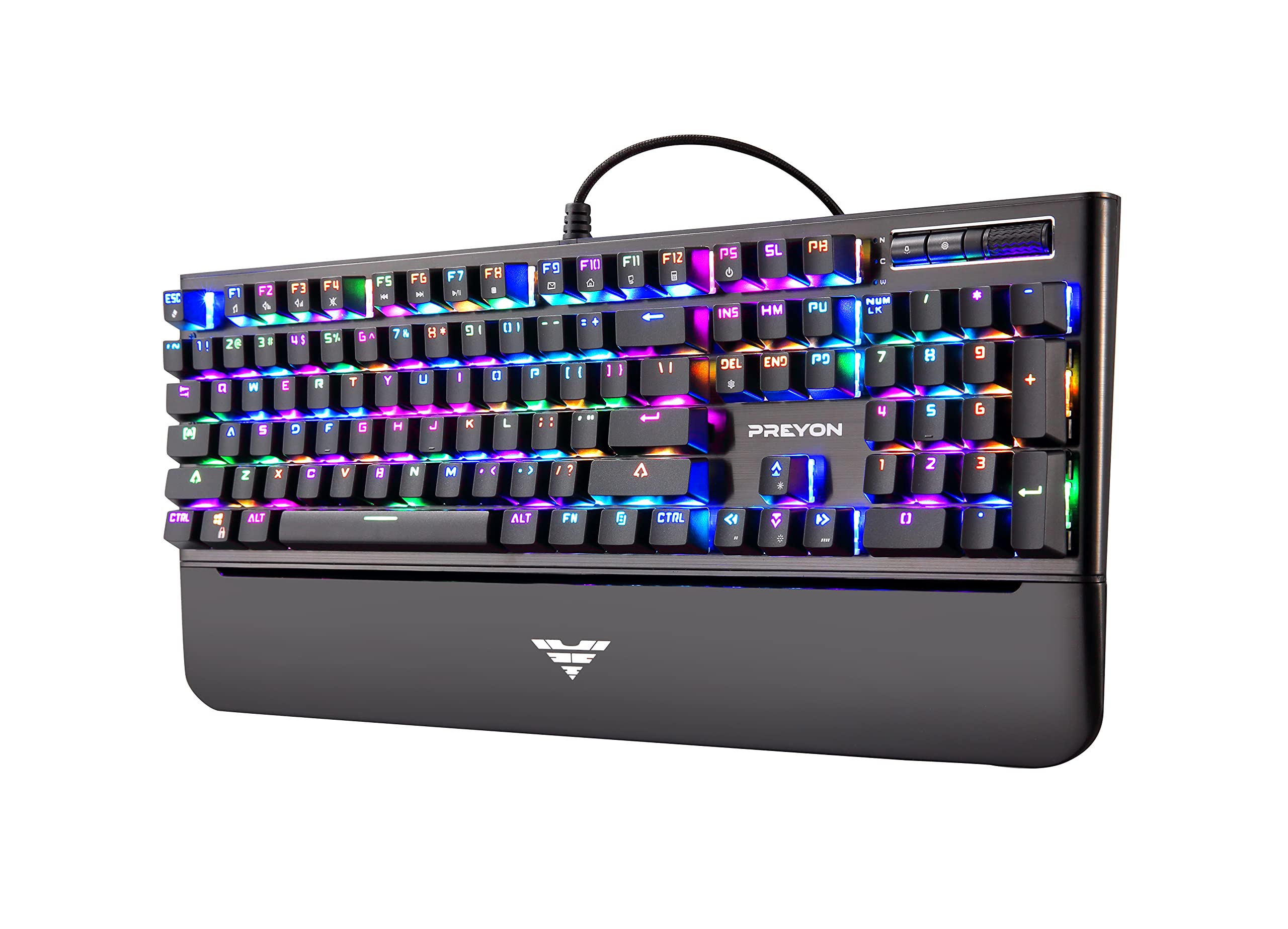 PREYON Long Claw Brown Klawiatura Gamingowa z Kablem w Oplocie - Podświetlana Klawiatura Mechaniczna z Rolką Regulacji Głośności i Magnetyczną Podpórką pod Nadgarstek -Switche Gateron Brown