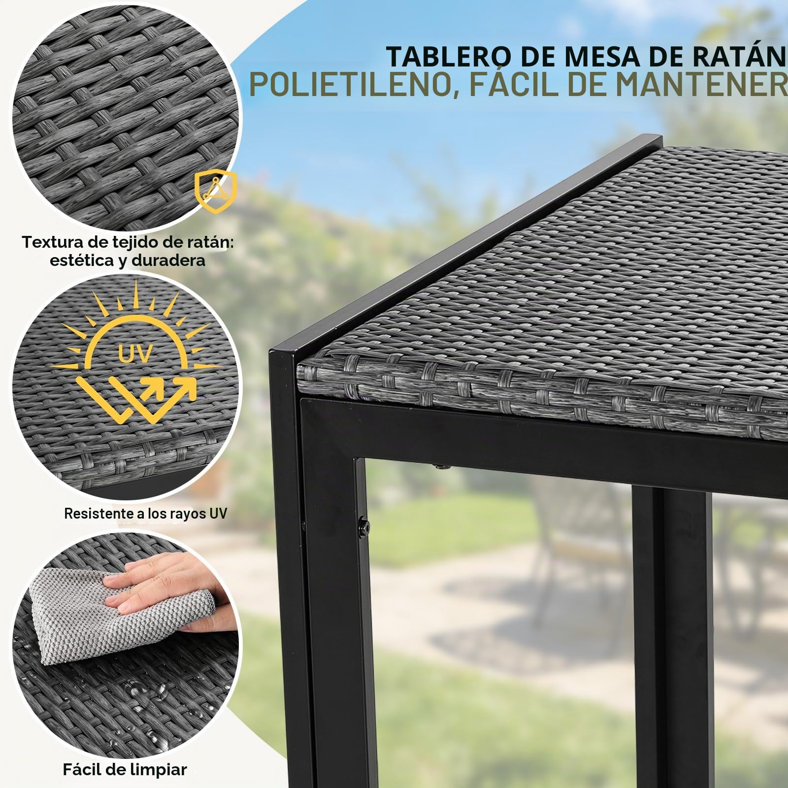 LIFERUN Mesa de Jardín Rectangular para 4-6 Personas en Rattan PE,119x74 cm | Mesa de Comedor para Exterior, en Metal, Resistente a la Intemperie UV, 4 PCS Patas Ajustables, para Terraza Balcón, Gris