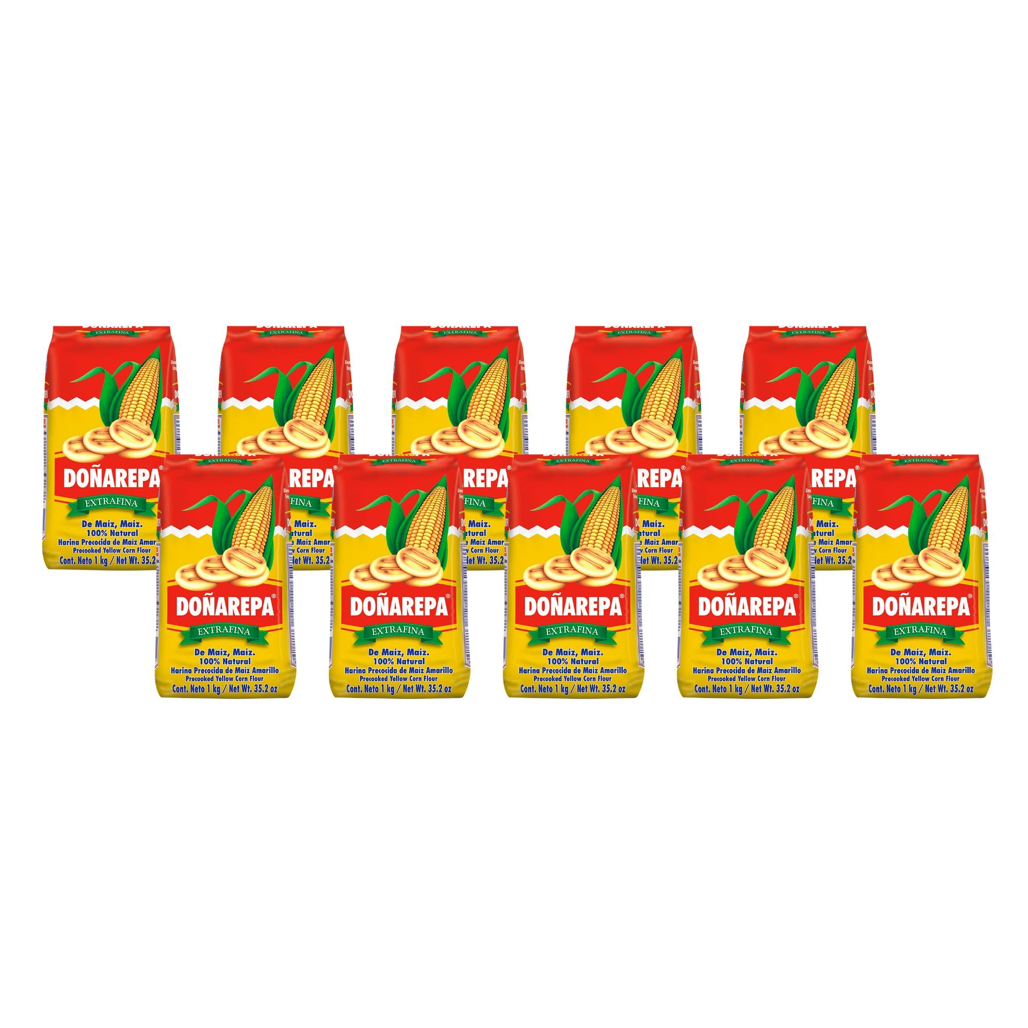 Doña Arepa - Harina de Maíz amarillo Extrafina - (Pack 10 x 1 kg) - 100% Natural y Rico en Fibra - Ideal para Preparar Arepas Colombianas, Cachapas y Platos típicos
