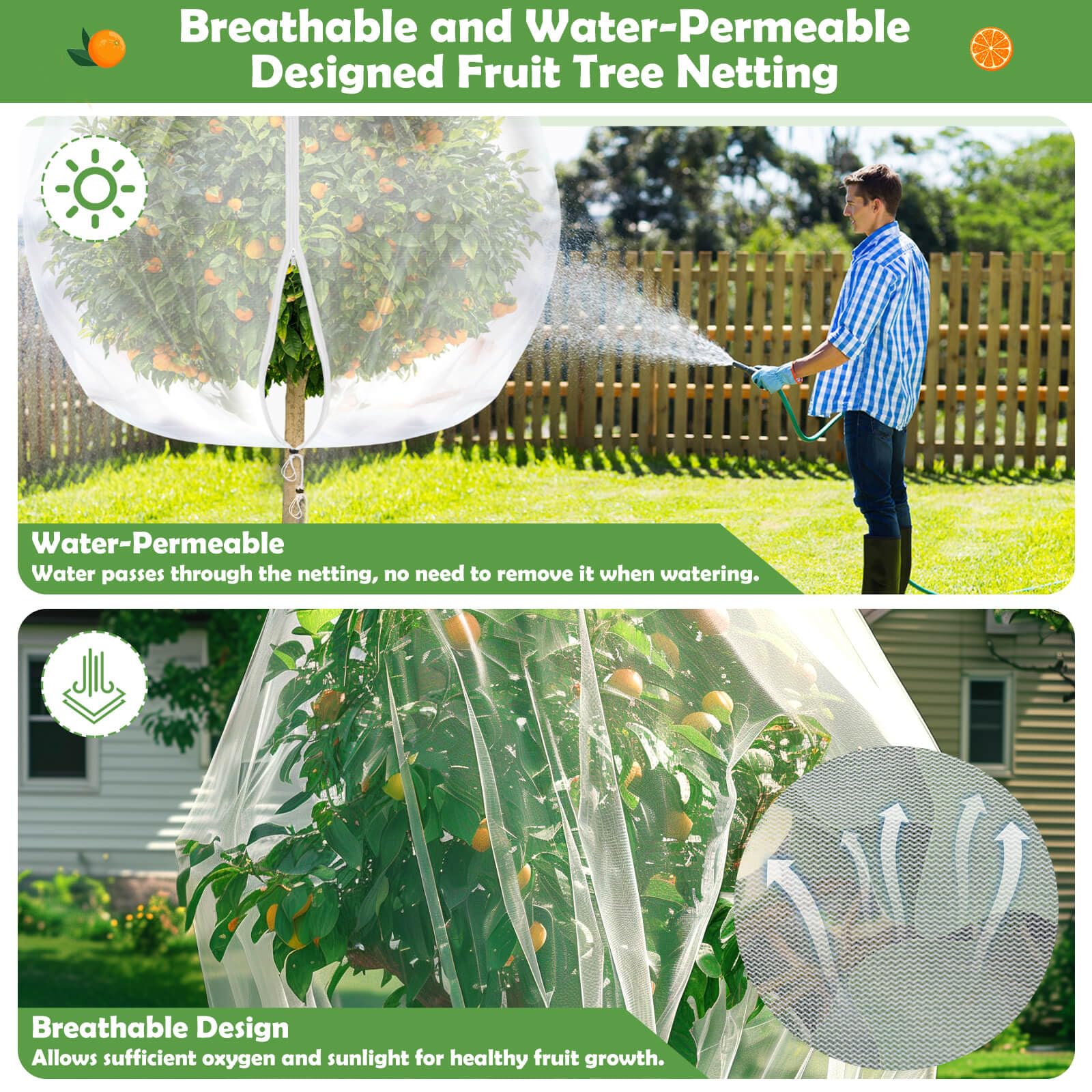 Red de árboles frutales de 10 x 10 pies con cremallera, 3 redes grandes para árboles frutales con cordón, red para plantas, jardín, insectos, pájaros, barrera de plagas para melocotón, cereza