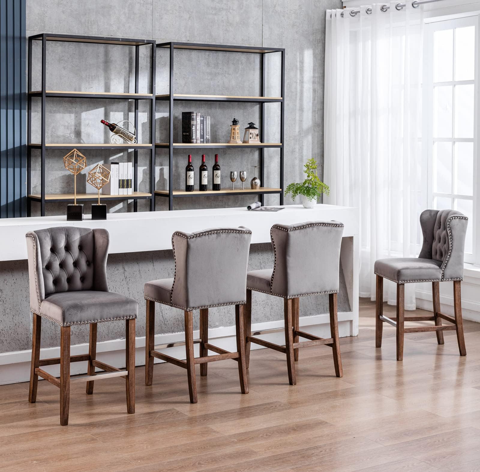 Rhomtree 27" Wingback Counter Height Bar Stools for Kitchen Island or Home Pub, Modern Upholstered Armless Barstool with Tufted Back, Footstool, Button and Nailhead Trim (Grey, Set of 4)