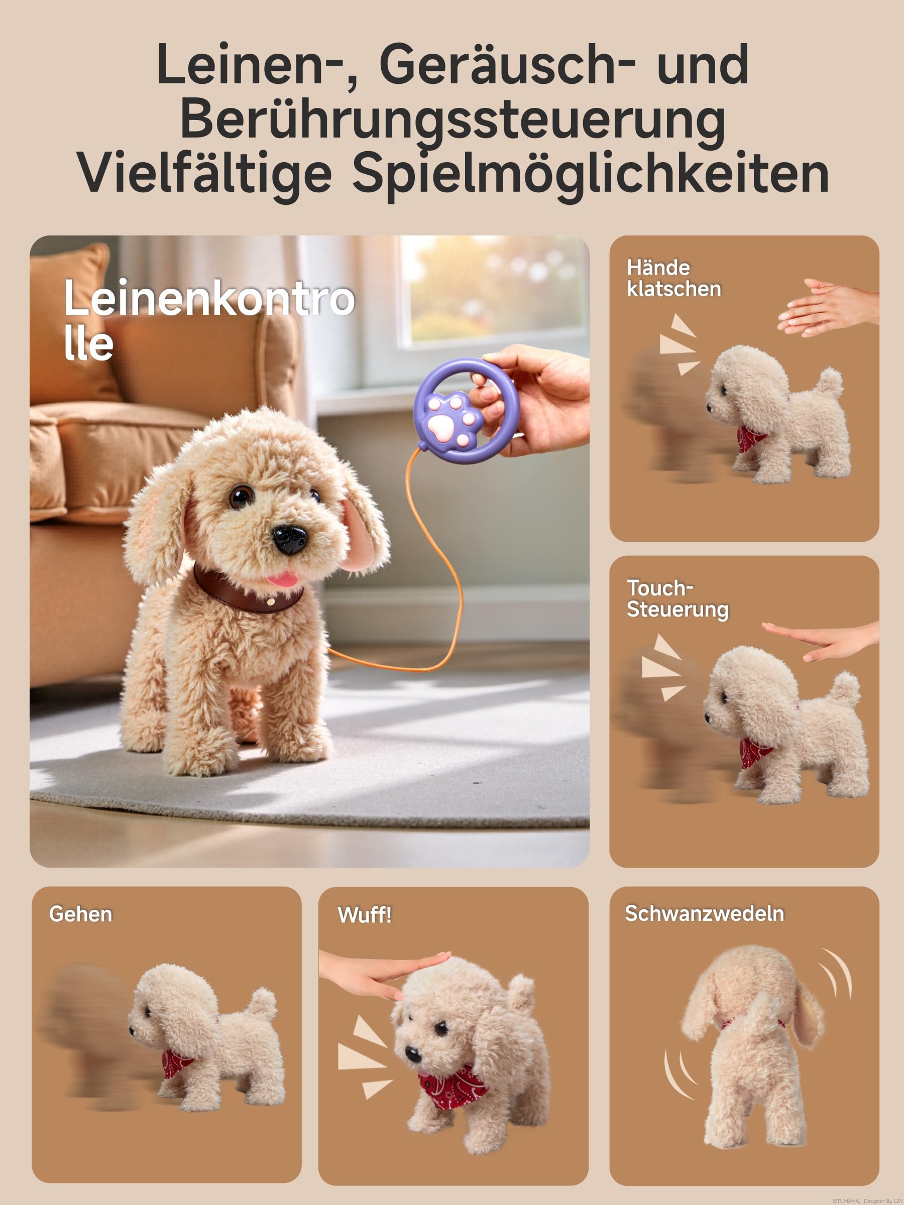 TUMAMA Interaktives Hund Spielzeug Kinder, Laufender Hund mit Fernbedienung Leine der Läuft und Bellt, Spielhund Kinderspielzeug ab 3 4 5 6 Jahre, Kuscheltier Hunde - Gehen, Bellen, Schwanz Wedeln