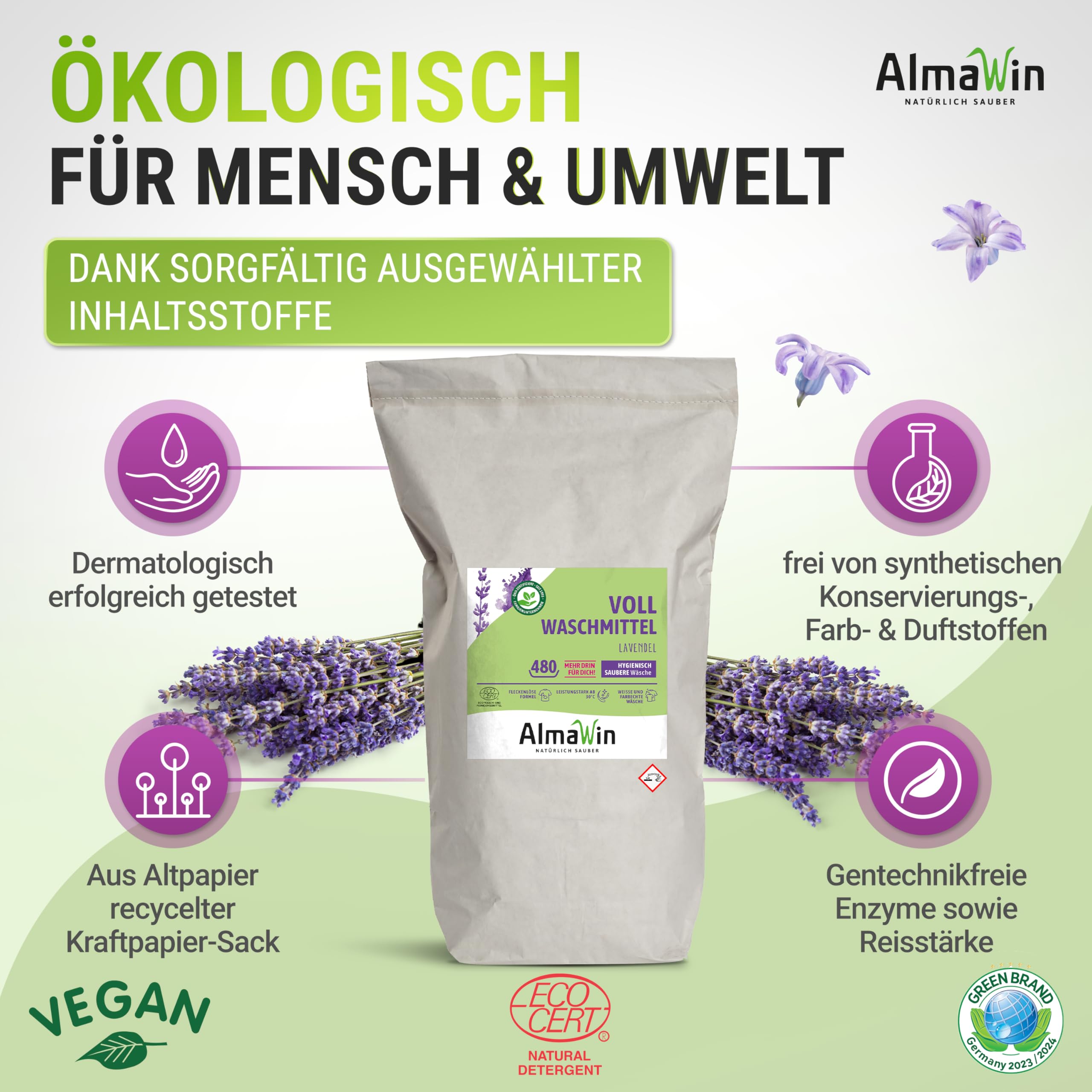 AlmaWin Detersivo ecologico lavanda, 25 kg, 480 lavaggi, con amplificatore, vegano