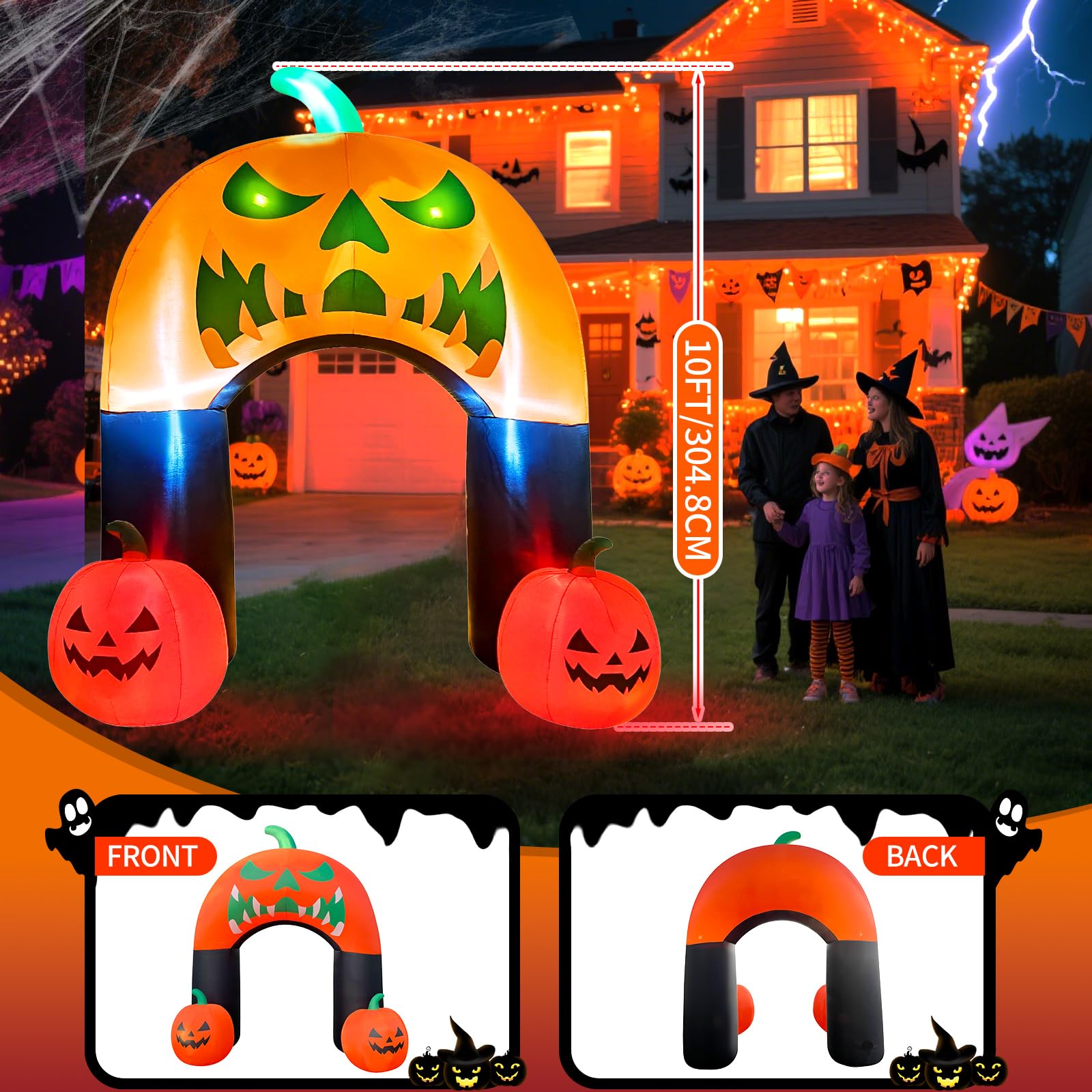 Zucca gonfiabile di Halloween con gatto strega a LED, decorazione animata da cortile per esterni, prato, feste, balcone e patio (arco di zucca da 3 m)