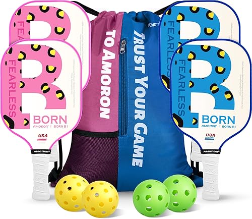 AMORON Juego de 4 palas de pickleball con cara de fibra de vidrio Born B1, núcleo de polipropileno 25% más grueso