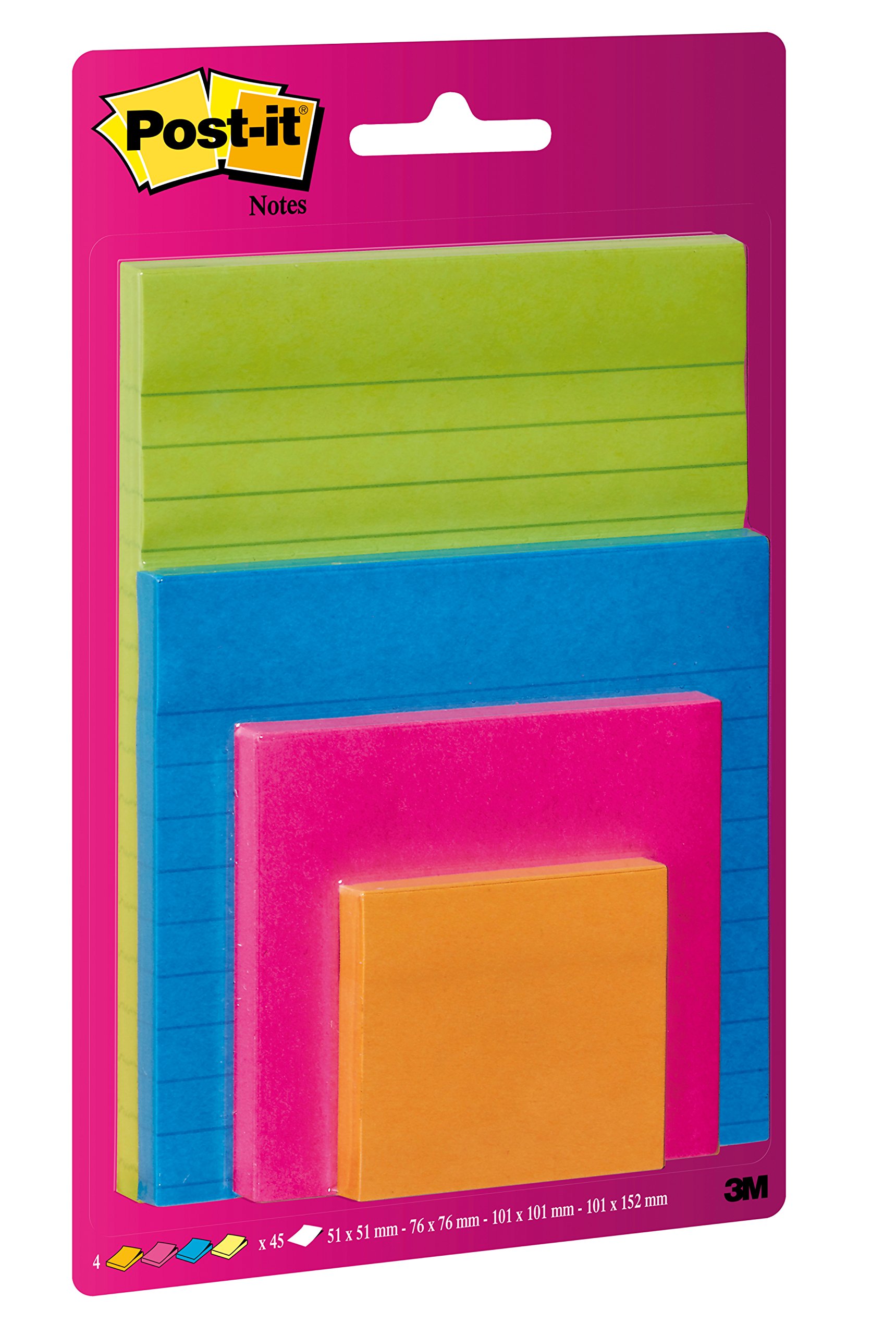 Post-it 4622-OPBG super sticky notes, four pads in assorted sizes and colours: ultra blue/neon orange/neon pink/neon green. 45 sheets per pad.