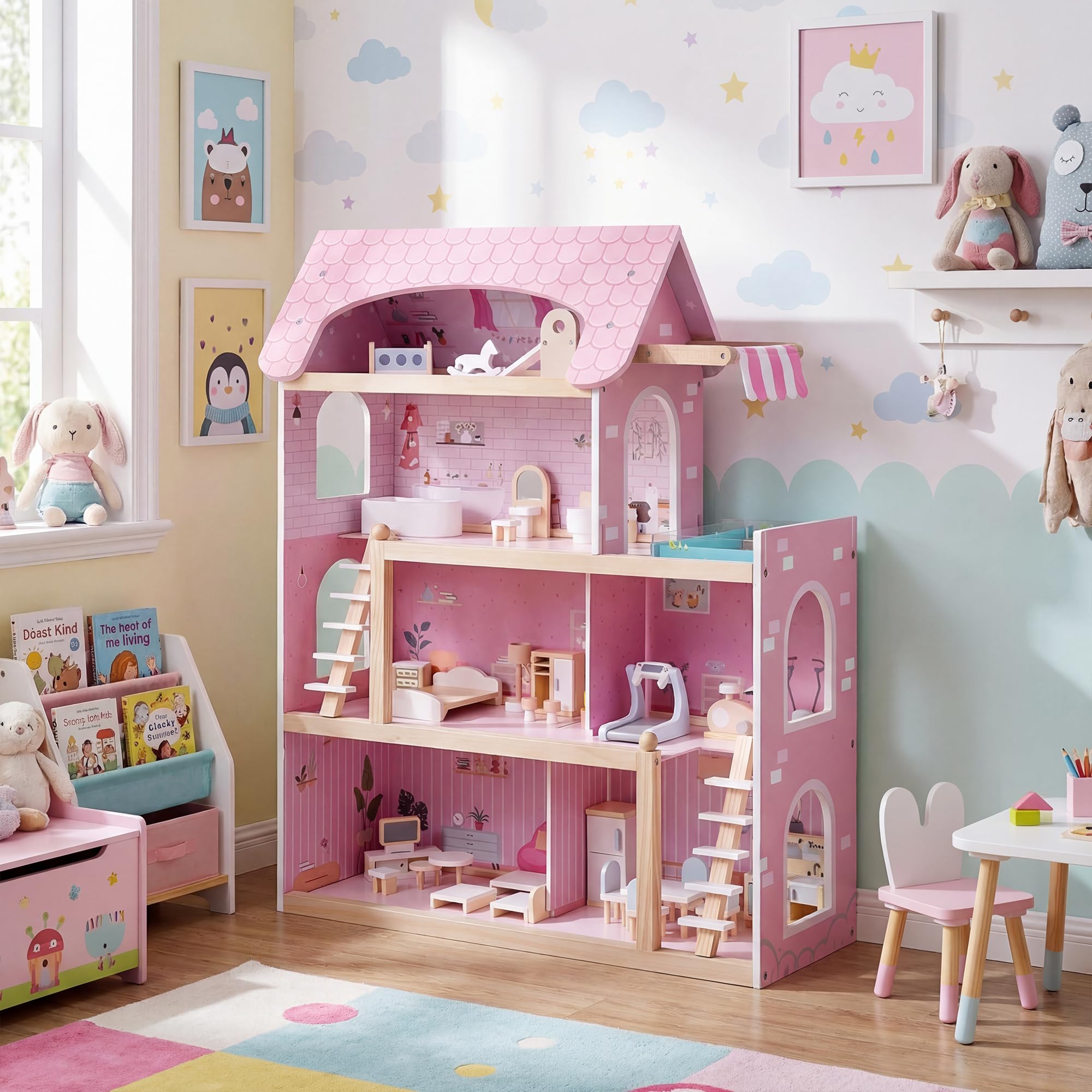 HOMASIS Puppenhaus inkl. komplettem Möbeln & Zubehör, Bunt Puppenstube Holz, Puppenvilla mit 3 Etagen & vielen Zimmern, Dollhouse für Mädchen, Traumvilla für Kinder ab 3 Jahren (Modell 5, Rosa)